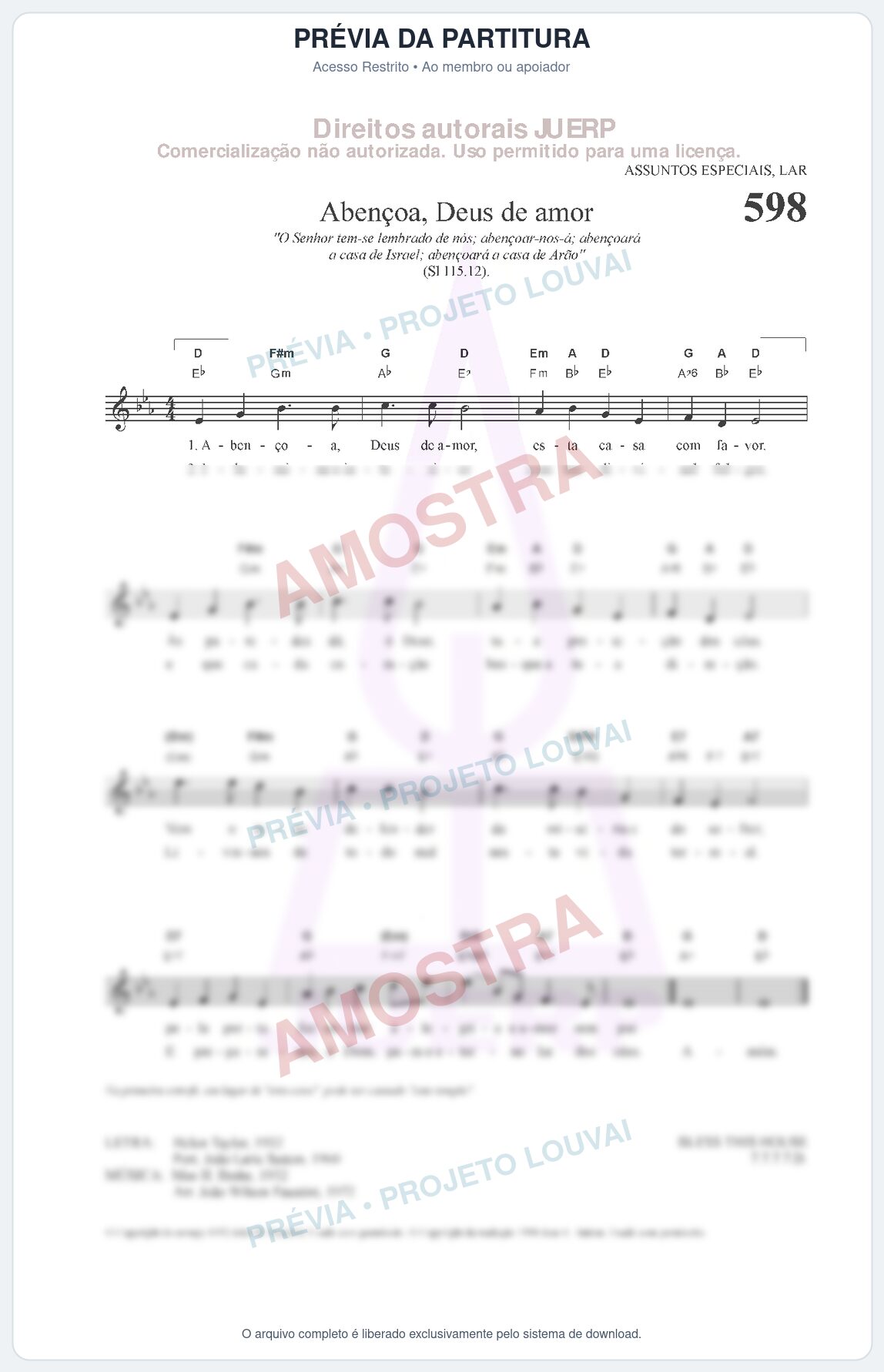 Prévia protegida da primeira página da partitura Partitura da música Abençoa, Deus de amor (HCC 598) - Hinário para o Culto Cristão - Tom Eb