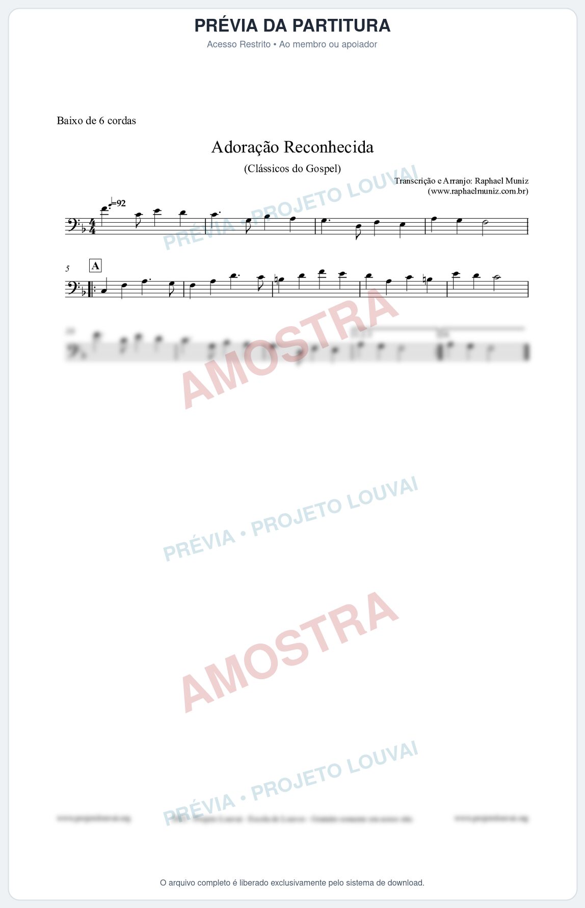 Prévia protegida da primeira página da partitura Partitura para Baixo de 6 cordas - Adoração Reconhecida - Harpa Cristã nº51 - Clássicos do Gospel