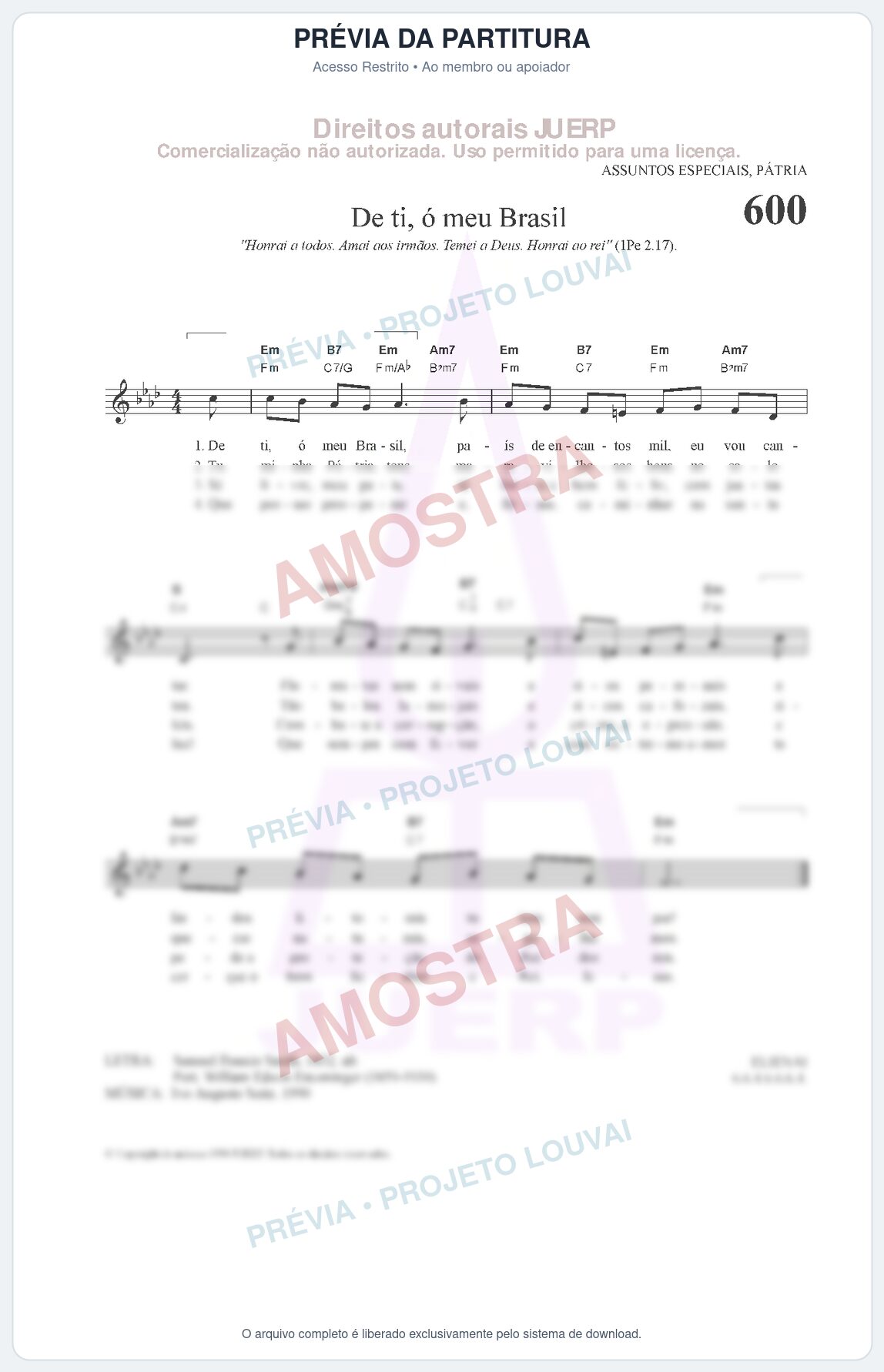 Prévia protegida da primeira página da partitura Partitura da música De ti, ó meu Brasil (HCC 600) - Hinário para o Culto Cristão - Tom Fm