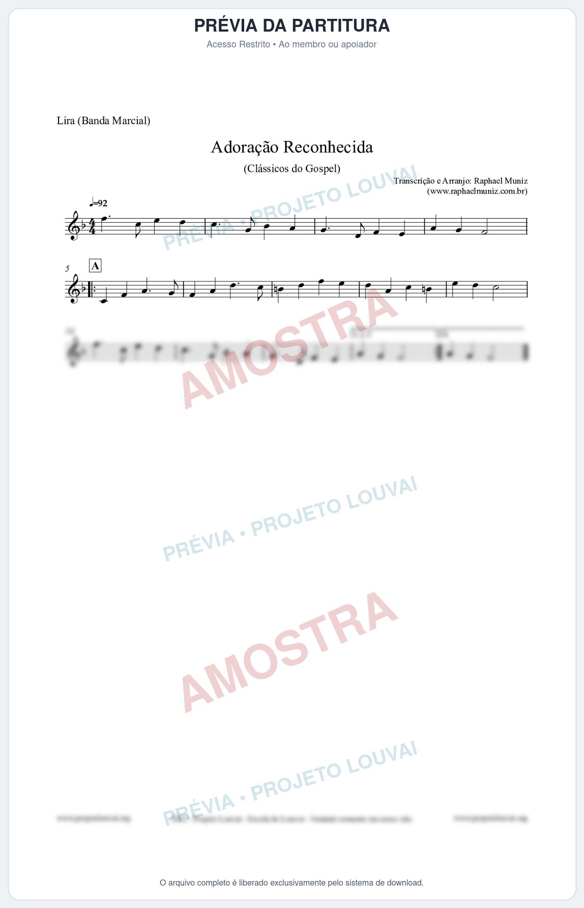 Prévia protegida da primeira página da partitura Partitura para Lira (Banda Marcial) - Adoração Reconhecida - Harpa Cristã nº51 - Clássicos do Gospel