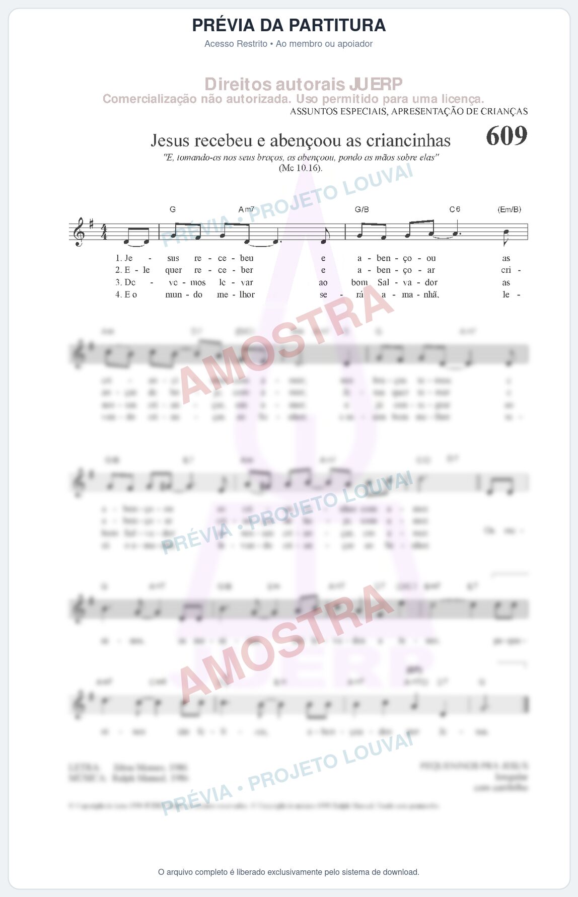 Prévia protegida da primeira página da partitura Partitura da música Jesus recebeu e abençoou as criancinhas (HCC 609) - Hinário para o Culto Cristão - Tom G