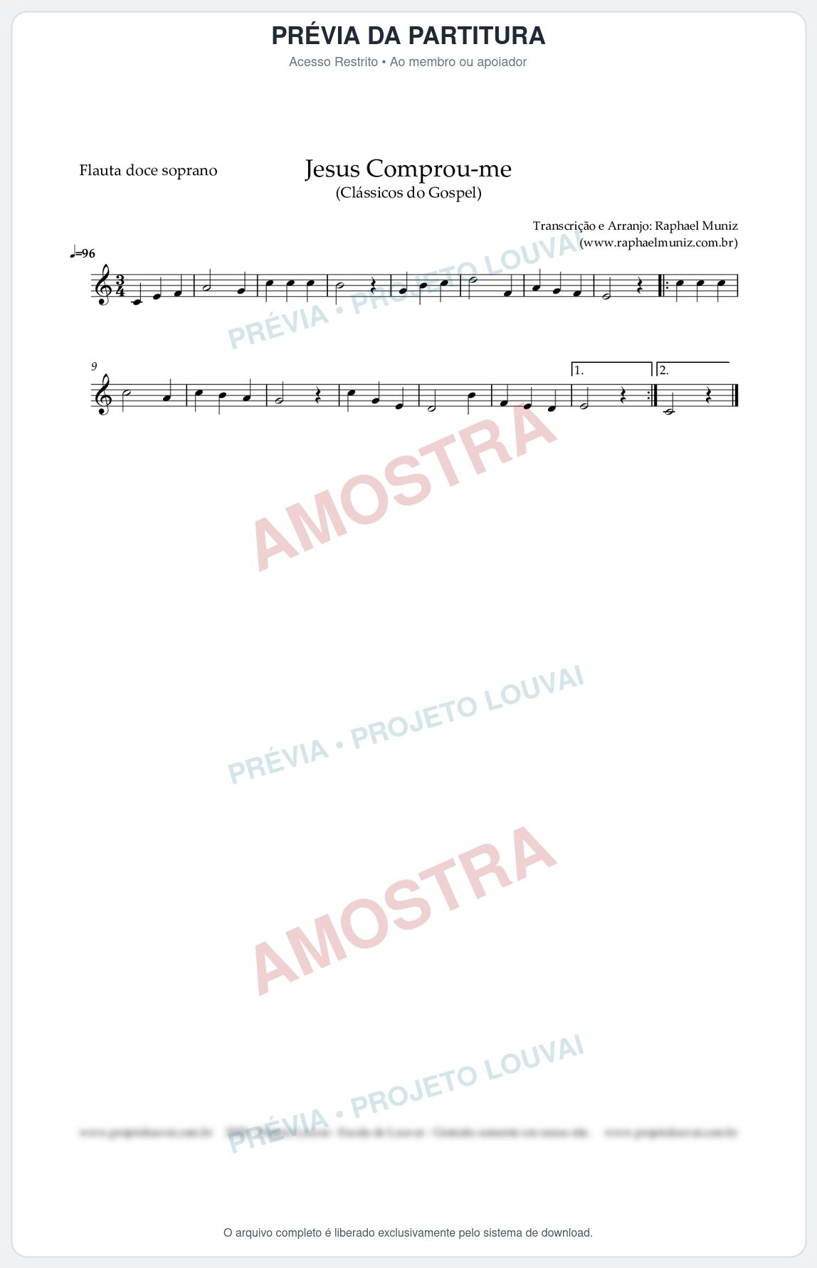 Prévia protegida da primeira página da partitura Partitura para Flauta Doce (Soprano) - Jesus Comprou-me - Harpa Cristã nº13 - Clássicos do Gospel
