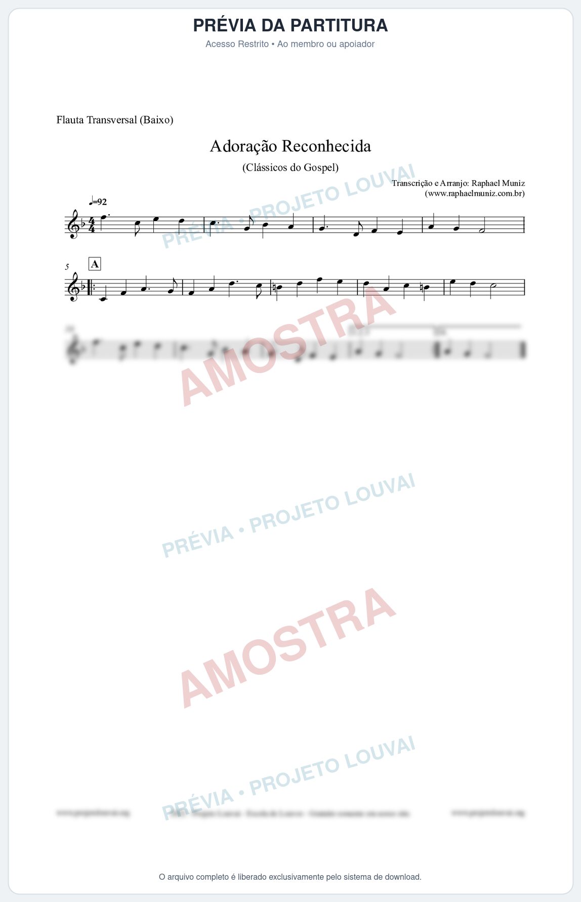 Prévia protegida da primeira página da partitura Partitura para Flauta Transversal (Baixo) - Adoração Reconhecida - Harpa Cristã nº51 - Clássicos do Gospel