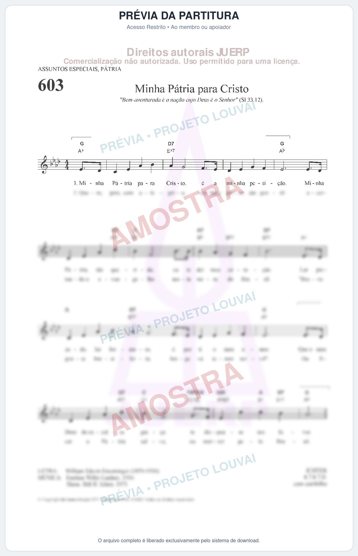 Prévia protegida da primeira página da partitura Partitura da música Minha Pátria para Cristo (HCC 603) - Hinário para o Culto Cristão - Tom Ab