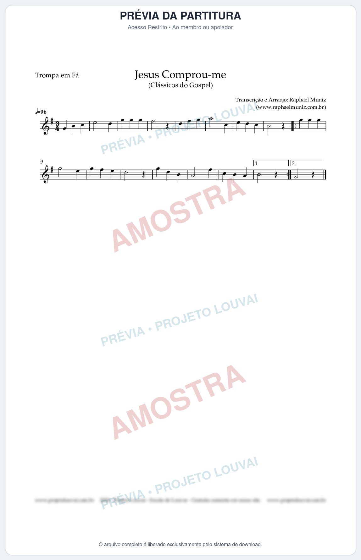 Prévia protegida da primeira página da partitura Partitura para Trompa em Fá - Jesus Comprou-me - Harpa Cristã nº13 - Clássicos do Gospel