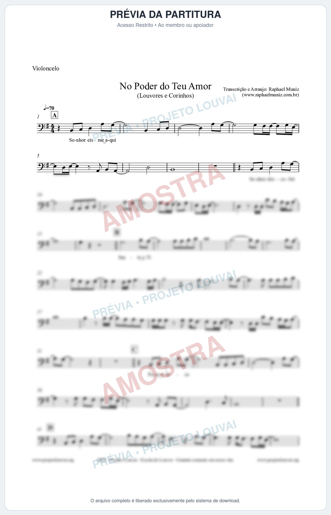 Prévia protegida da primeira página da partitura Partitura para Violoncelo - No Poder do Teu Amor - Louvores e Corinhos Gospel
