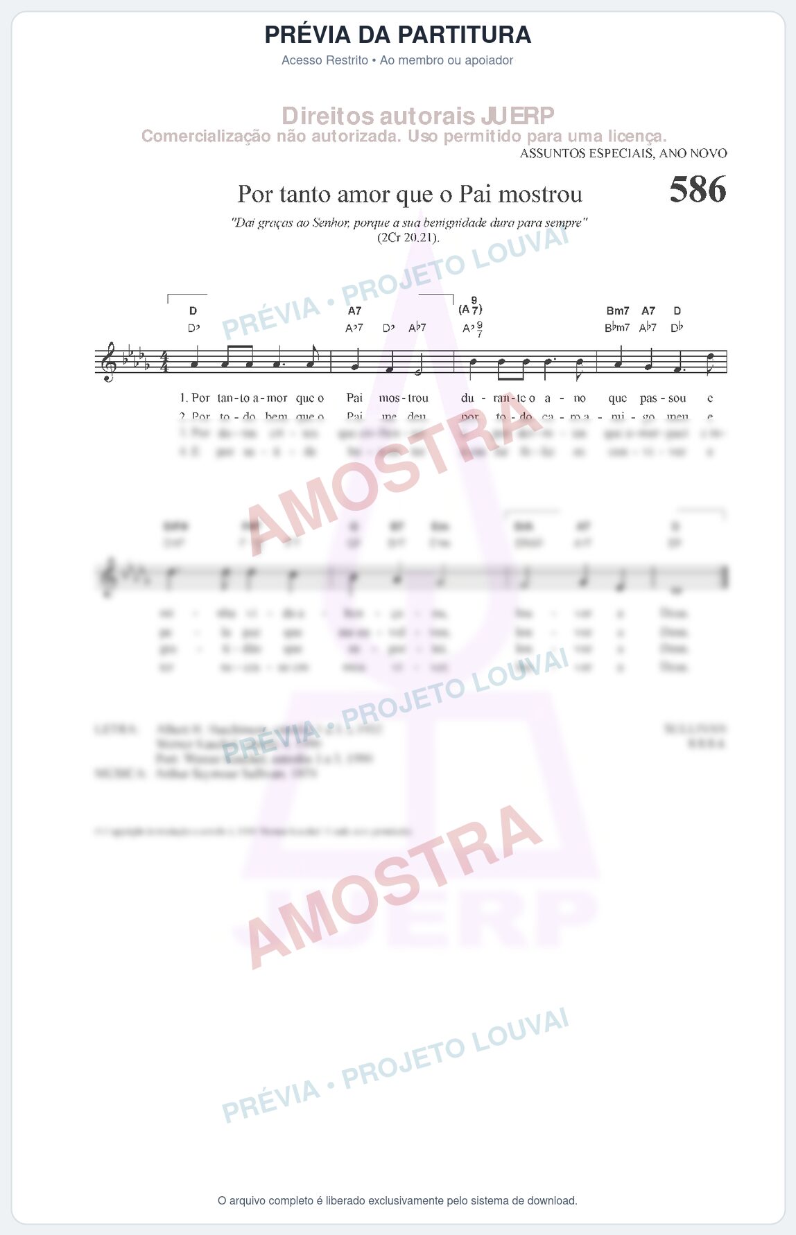 Prévia protegida da primeira página da partitura Partitura da música Por tanto amor que o Pai mostrou (HCC 586) - Hinário para o Culto Cristão - Tom Db