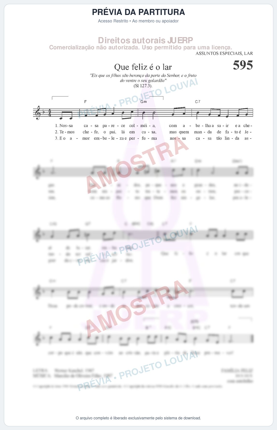Prévia protegida da primeira página da partitura Partitura da música Que feliz é o lar (HCC 595) - Hinário para o Culto Cristão - Tom F