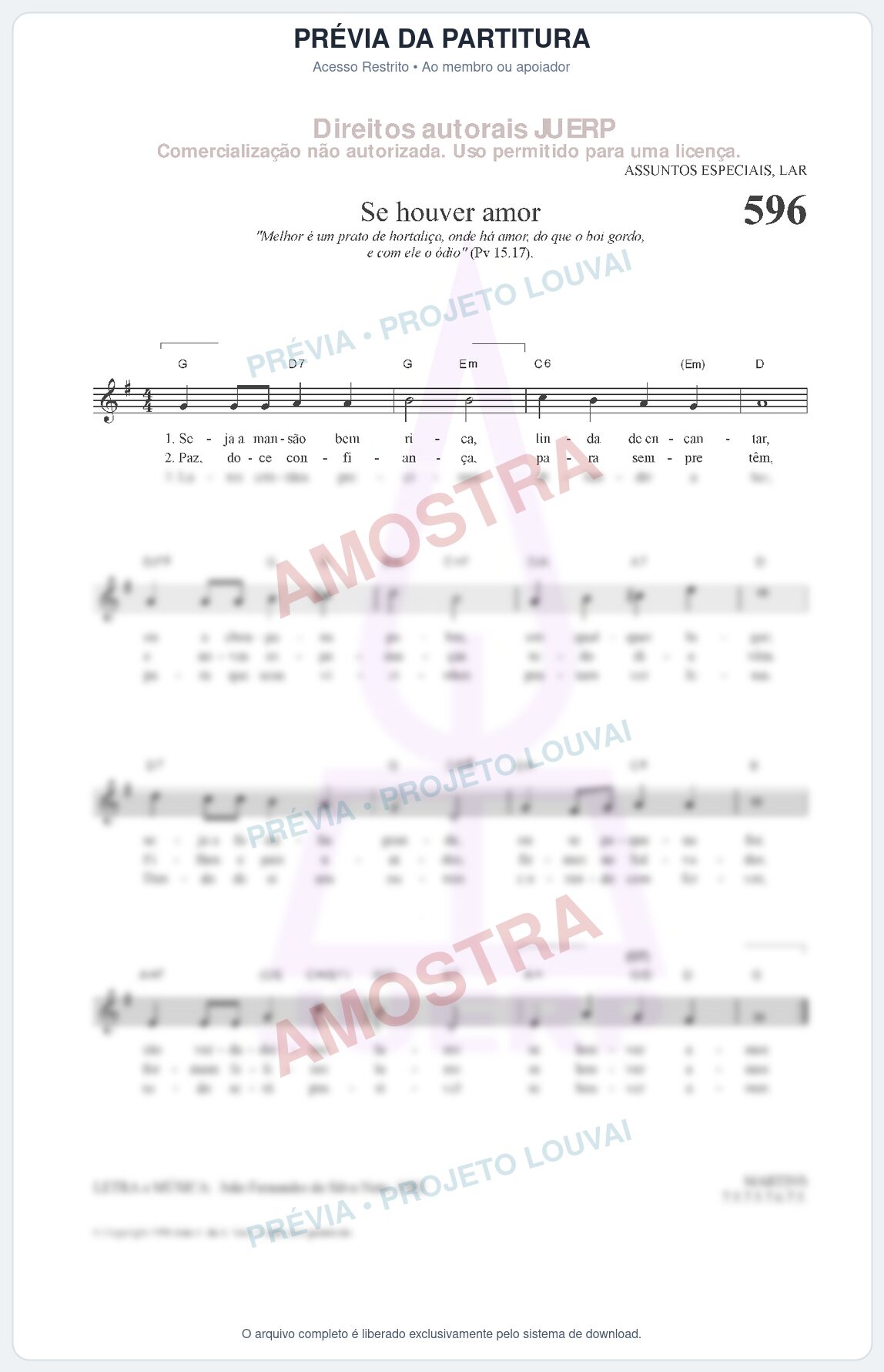 Prévia protegida da primeira página da partitura Partitura da música Se houver amor (HCC 596) - Hinário para o Culto Cristão - Tom G