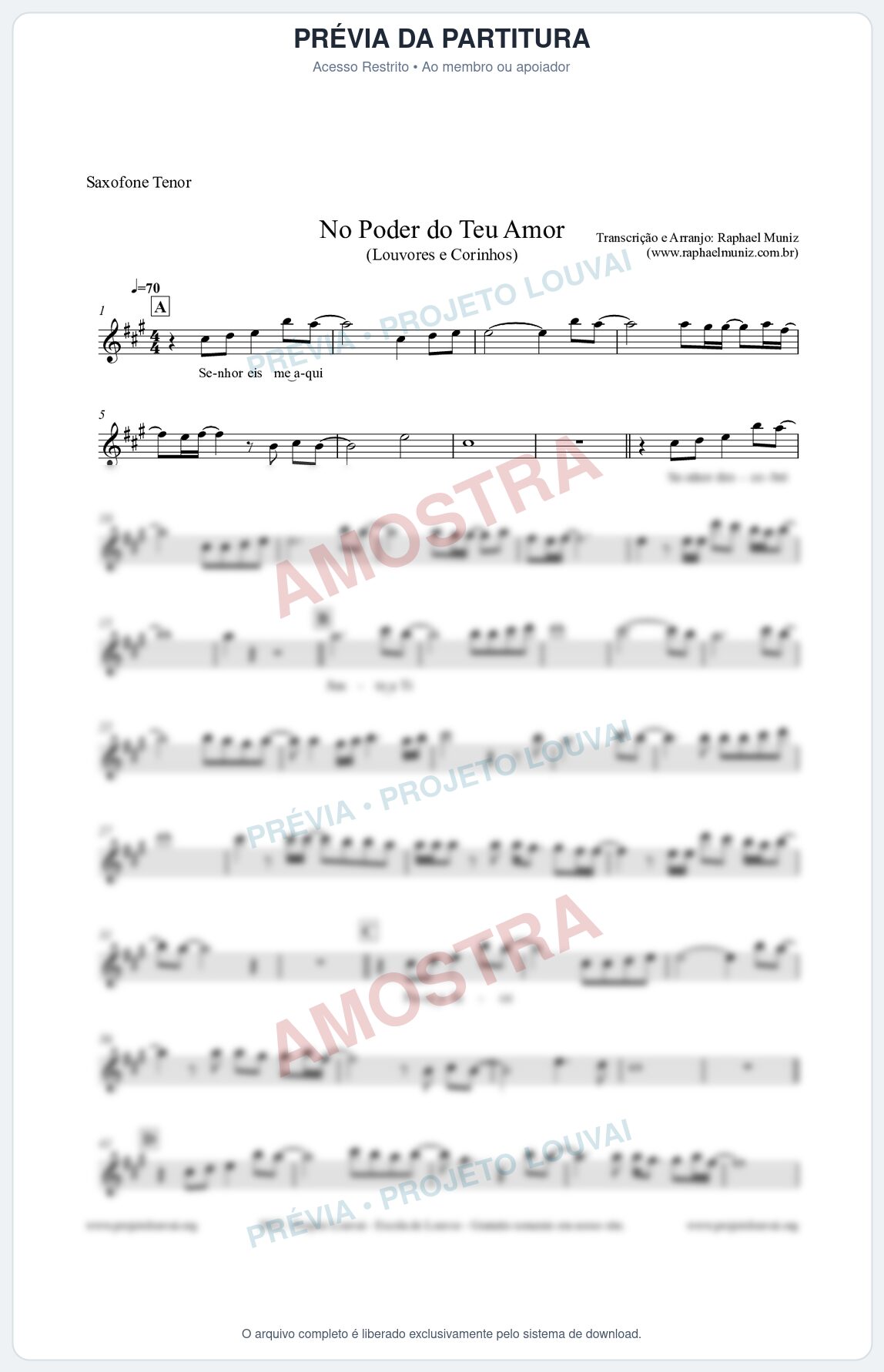 Prévia protegida da primeira página da partitura Partitura para Saxofone Tenor - No Poder do Teu Amor - Louvores e Corinhos Gospel