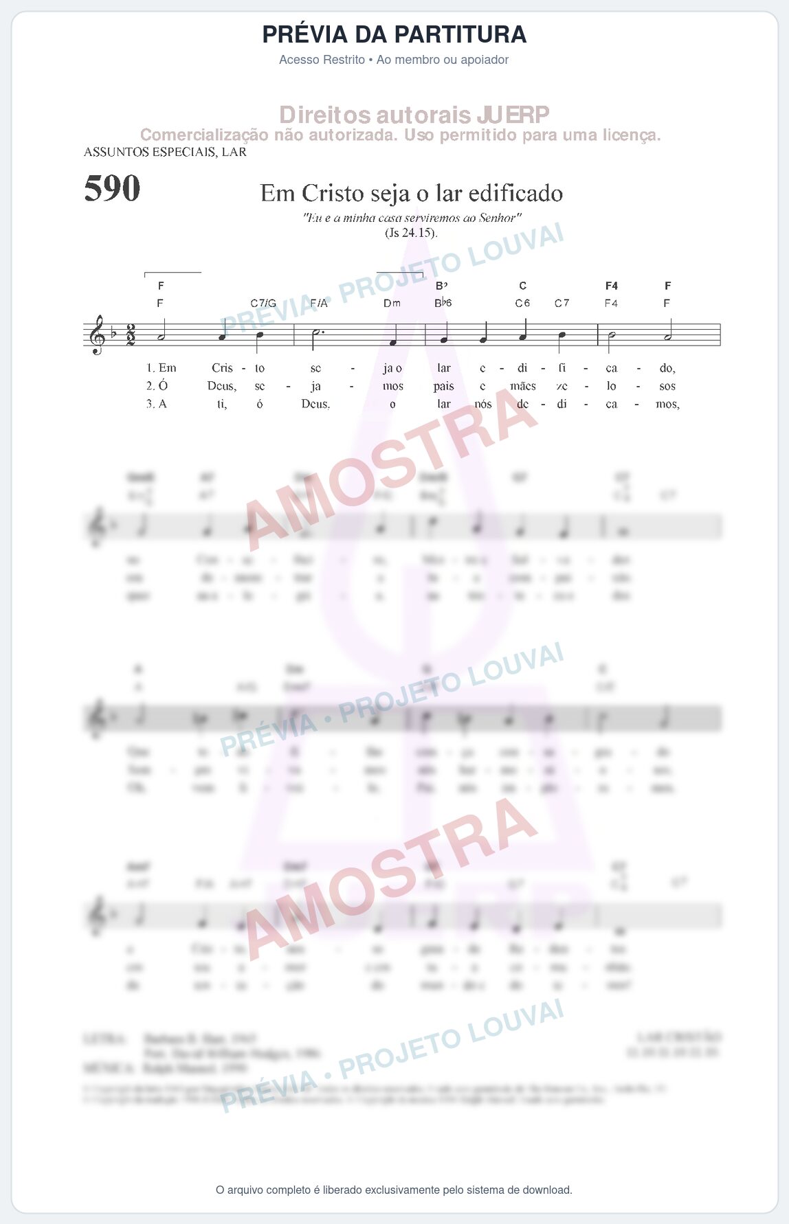 Prévia protegida da primeira página da partitura Partitura da música Em Cristo seja o lar edificado (HCC 590) - Hinário para o Culto Cristão - Tom F