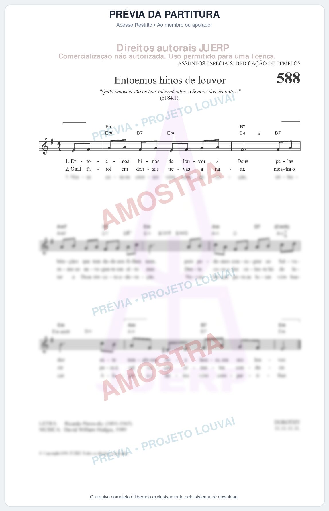 Prévia protegida da primeira página da partitura Partitura da música Entoemos hinos de louvor (HCC 588) - Hinário para o Culto Cristão - Tom Em