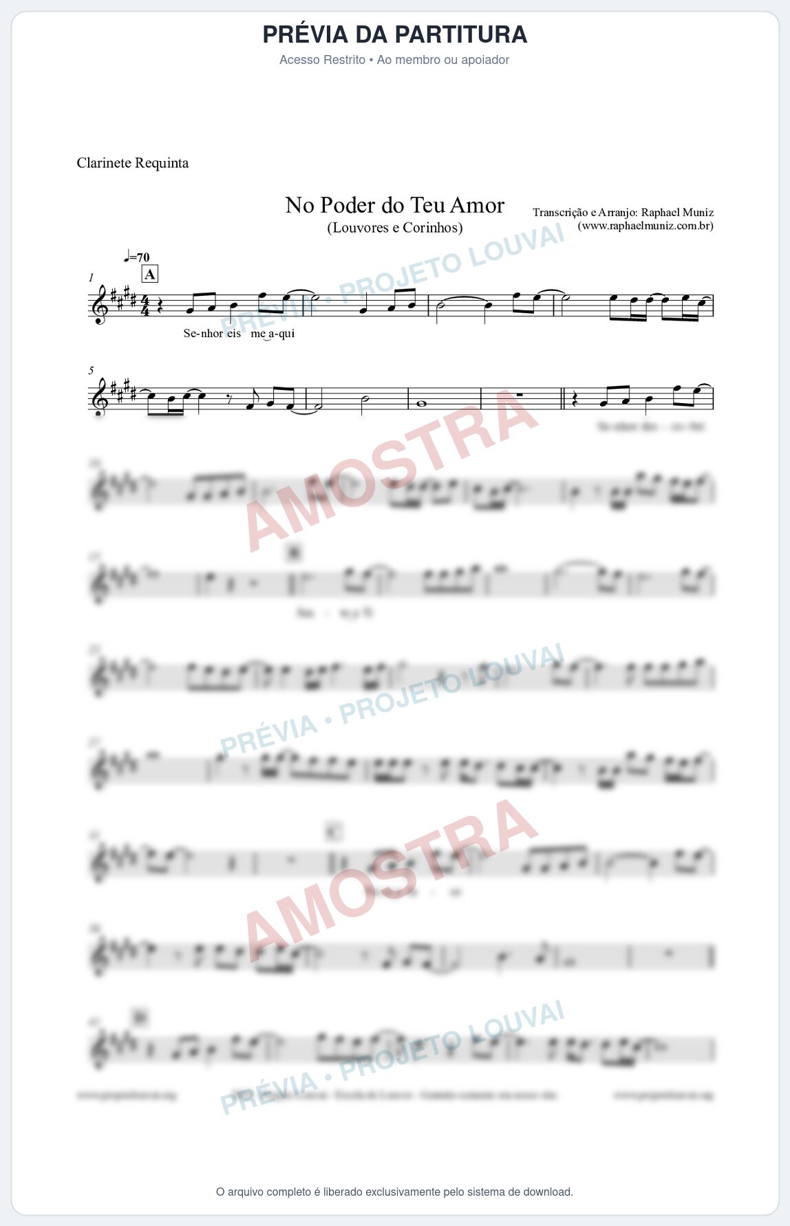 Prévia protegida da primeira página da partitura Partitura para Clarinete Requinta - No Poder do Teu Amor - Louvores e Corinhos Gospel