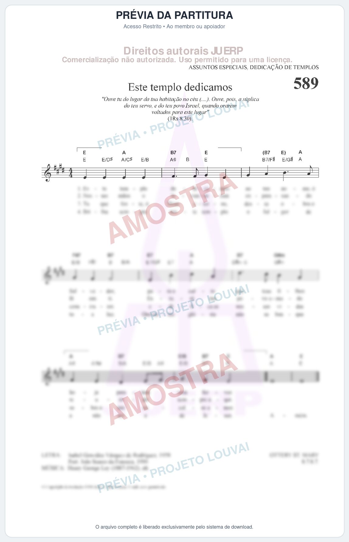 Prévia protegida da primeira página da partitura Partitura da música Este templo dedicamos (HCC 589) - Hinário para o Culto Cristão - Tom E