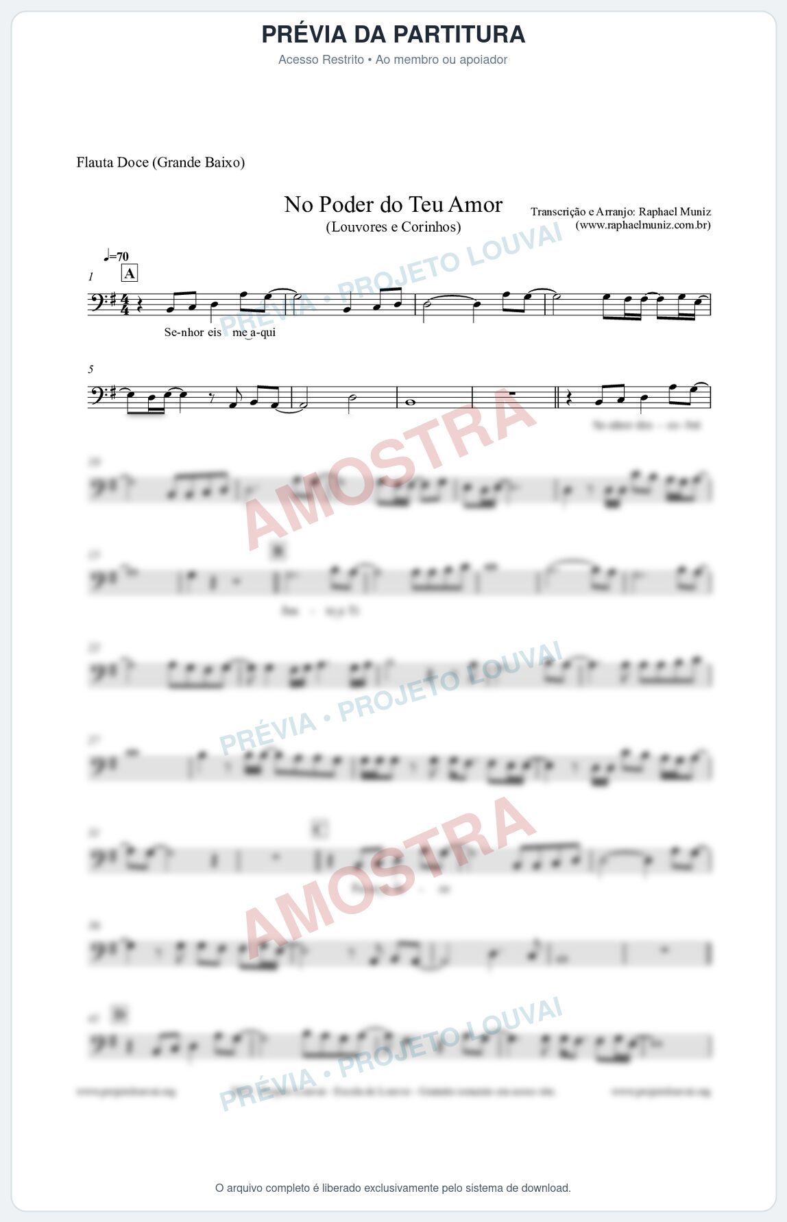 Prévia protegida da primeira página da partitura Partitura para Flauta Doce (Grande Baixo) - No Poder do Teu Amor - Louvores e Corinhos Gospel