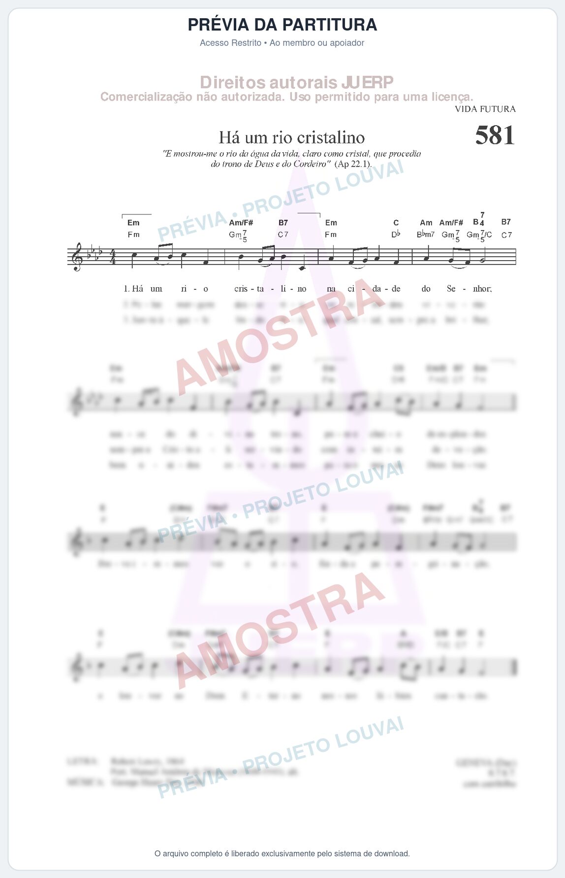 Prévia protegida da primeira página da partitura Partitura da música Há um rio cristalino (HCC 581) - Hinário para o Culto Cristão - Tom Fm