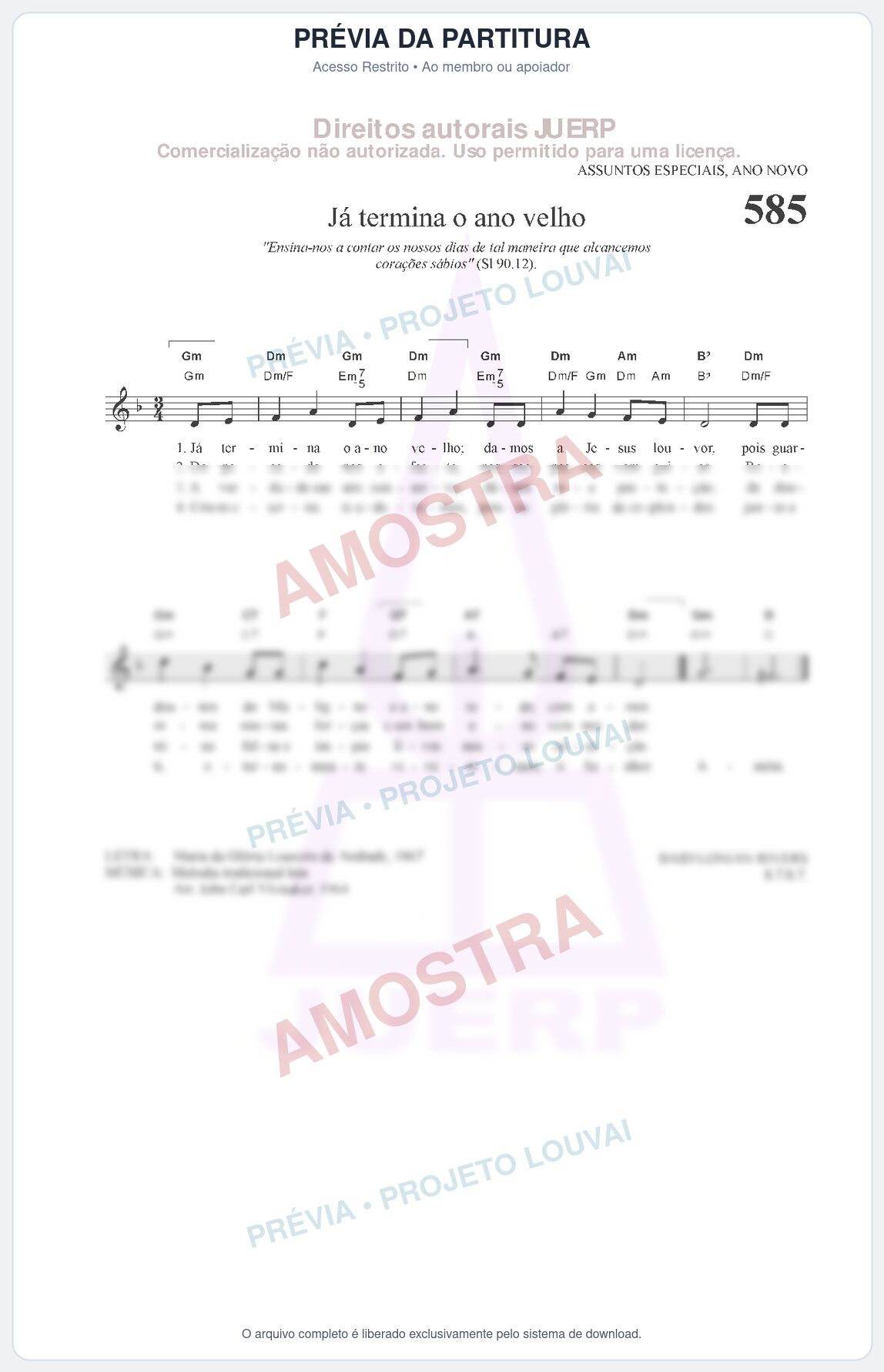 Prévia protegida da primeira página da partitura Partitura da música Já termina o ano velho (HCC 585) - Hinário para o Culto Cristão - Tom Gm