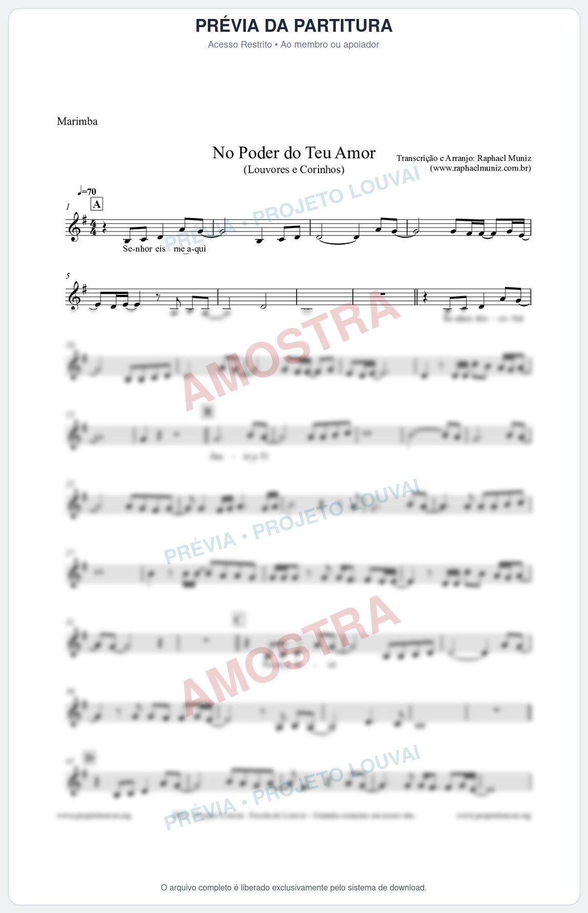 Prévia protegida da primeira página da partitura Partitura para Marimba - No Poder do Teu Amor - Louvores e Corinhos Gospel