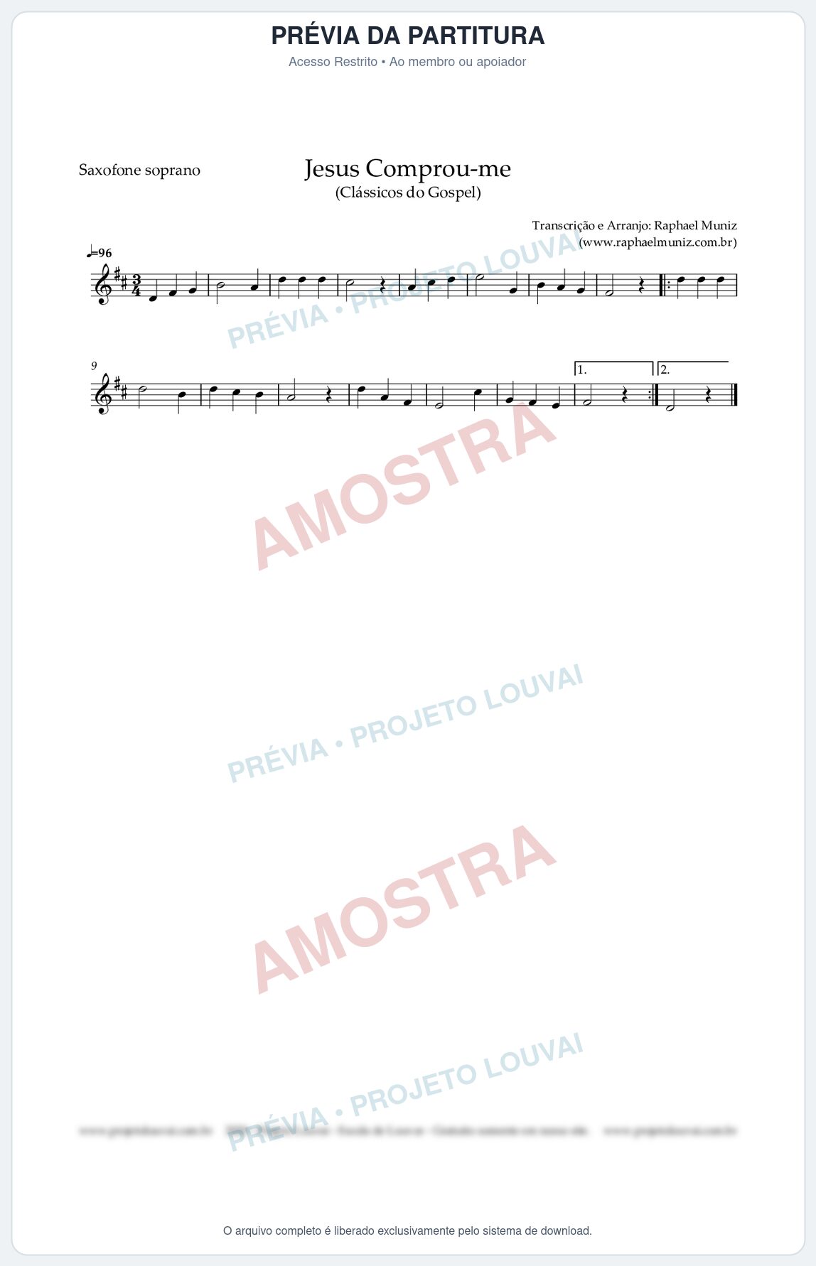 Prévia protegida da primeira página da partitura Partitura para Saxofone Soprano - Jesus Comprou-me - Harpa Cristã nº13 - Clássicos do Gospel