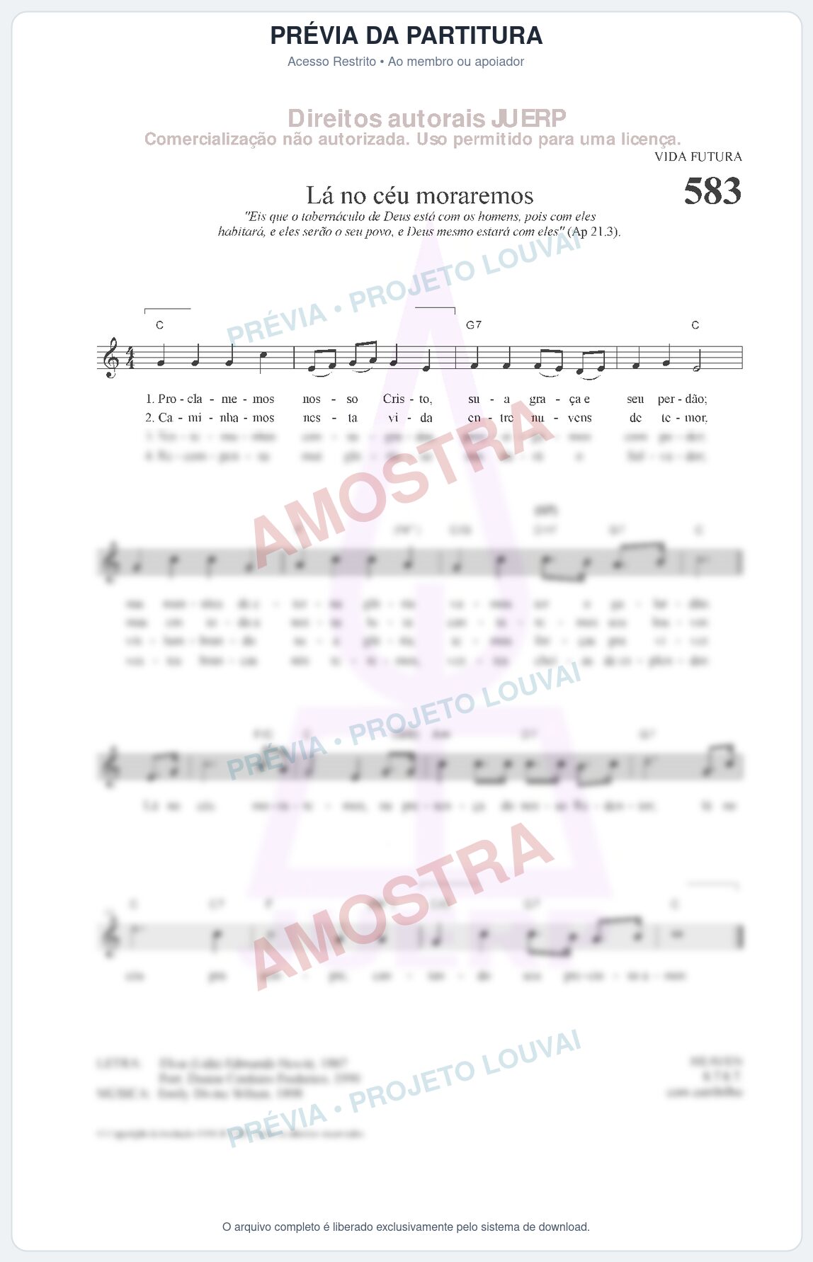 Prévia protegida da primeira página da partitura Partitura da música Lá no céu moraremos (HCC 583) - Hinário para o Culto Cristão - Tom C