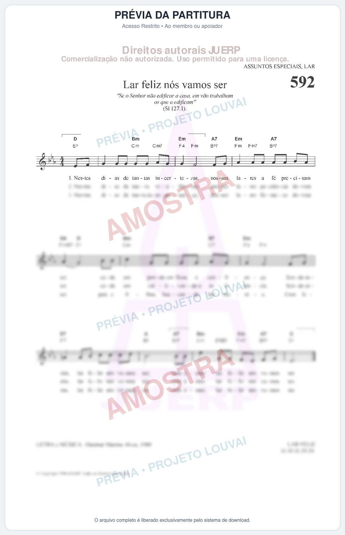 Prévia protegida da primeira página da partitura Partitura da música Lar feliz nós vamos ser (HCC 592) - Hinário para o Culto Cristão - Tom Eb
