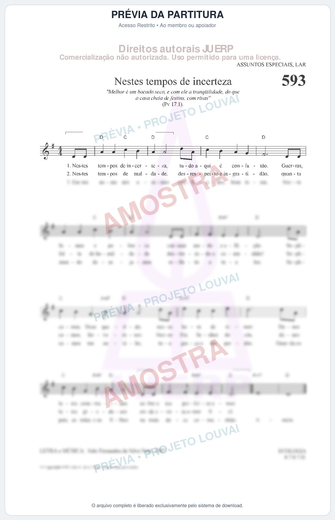 Prévia protegida da primeira página da partitura Partitura da música Nestes tempos de incerteza (HCC 593) - Hinário para o Culto Cristão - Tom D
