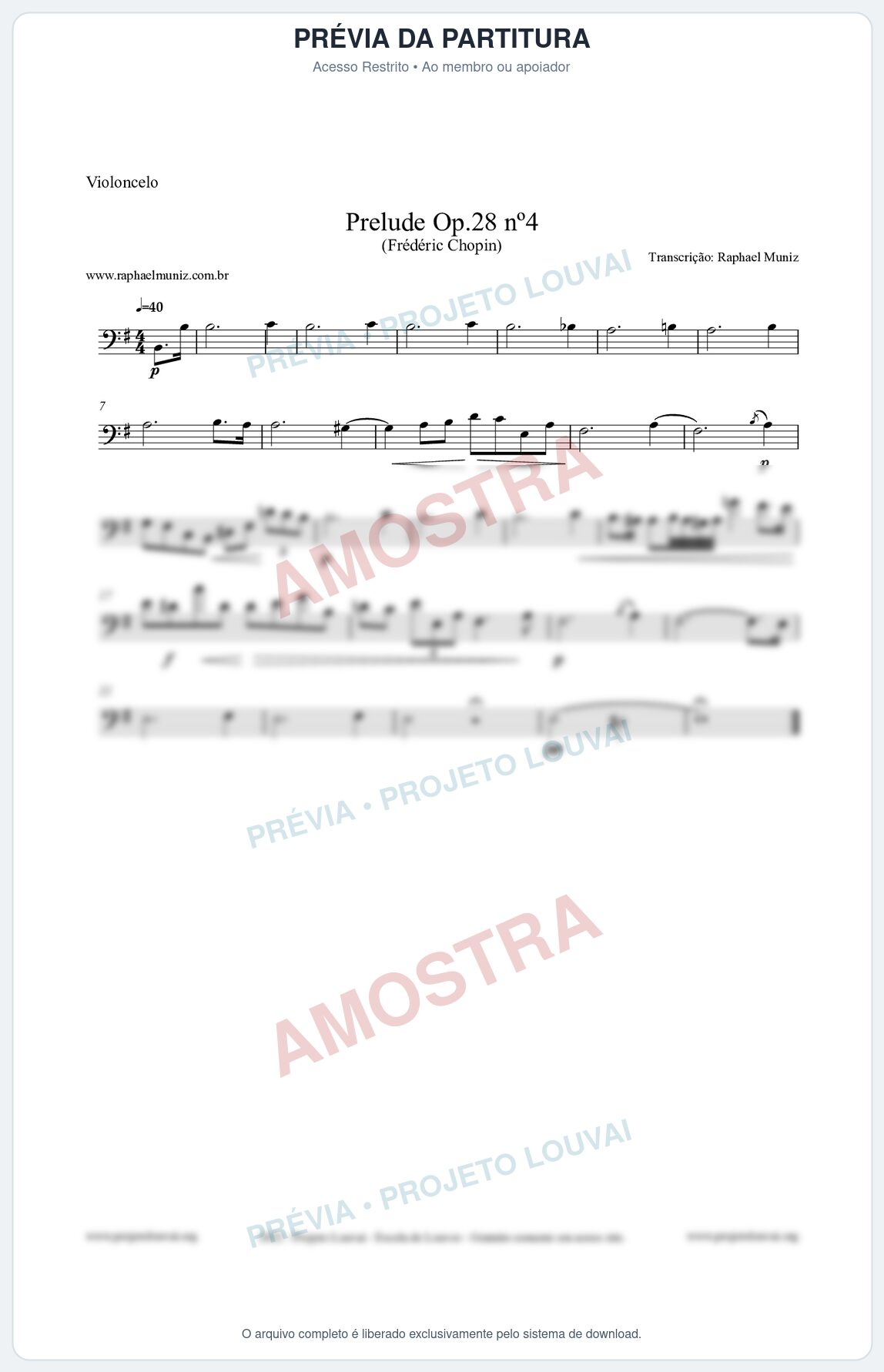 Prévia protegida da primeira página da partitura Partitura para Violoncelo - Prelude Op.28 No.4 - Frédéric Chopin