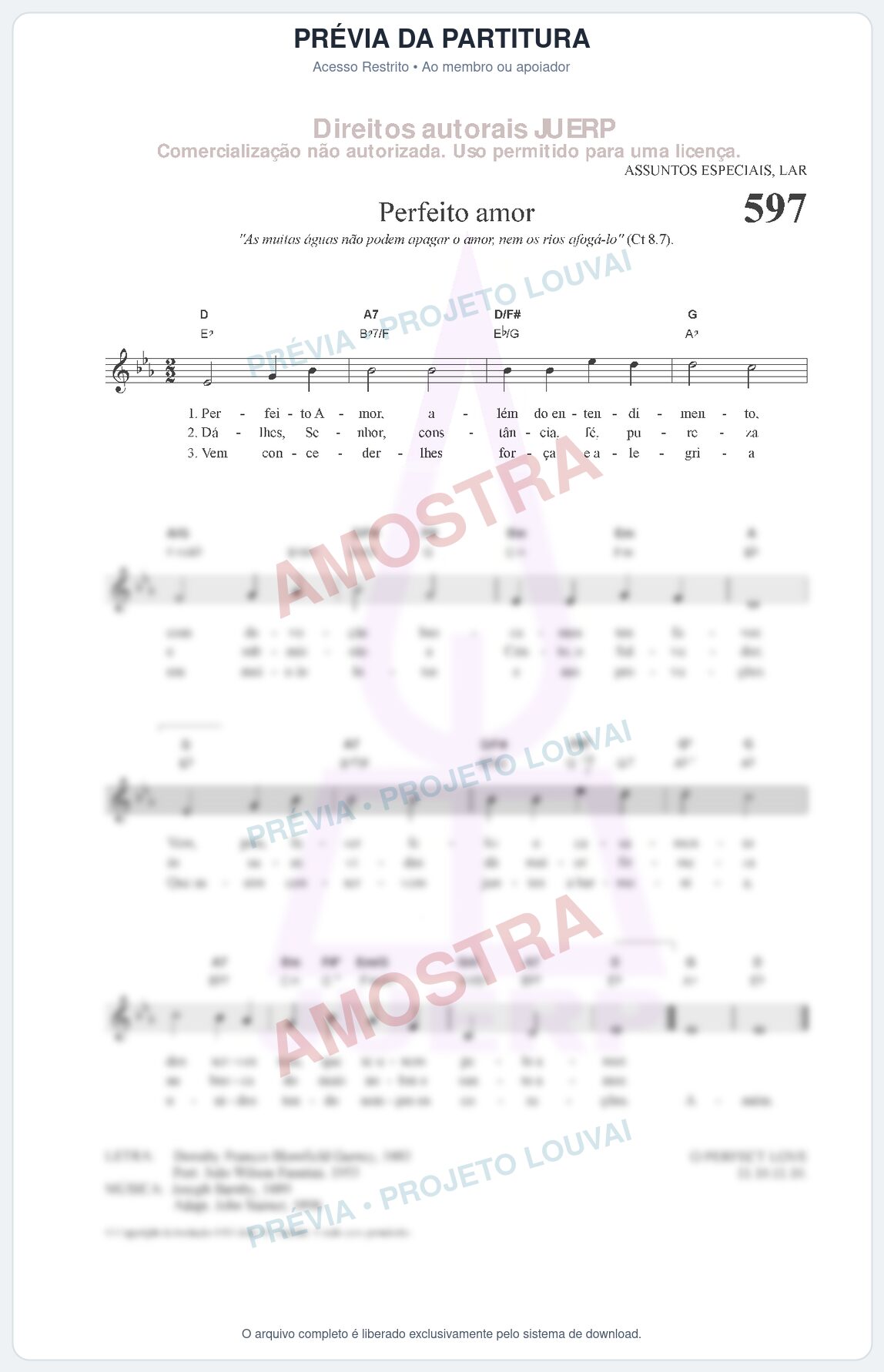 Prévia protegida da primeira página da partitura Partitura da música Perfeito amor (HCC 597) - Hinário para o Culto Cristão - Tom Eb