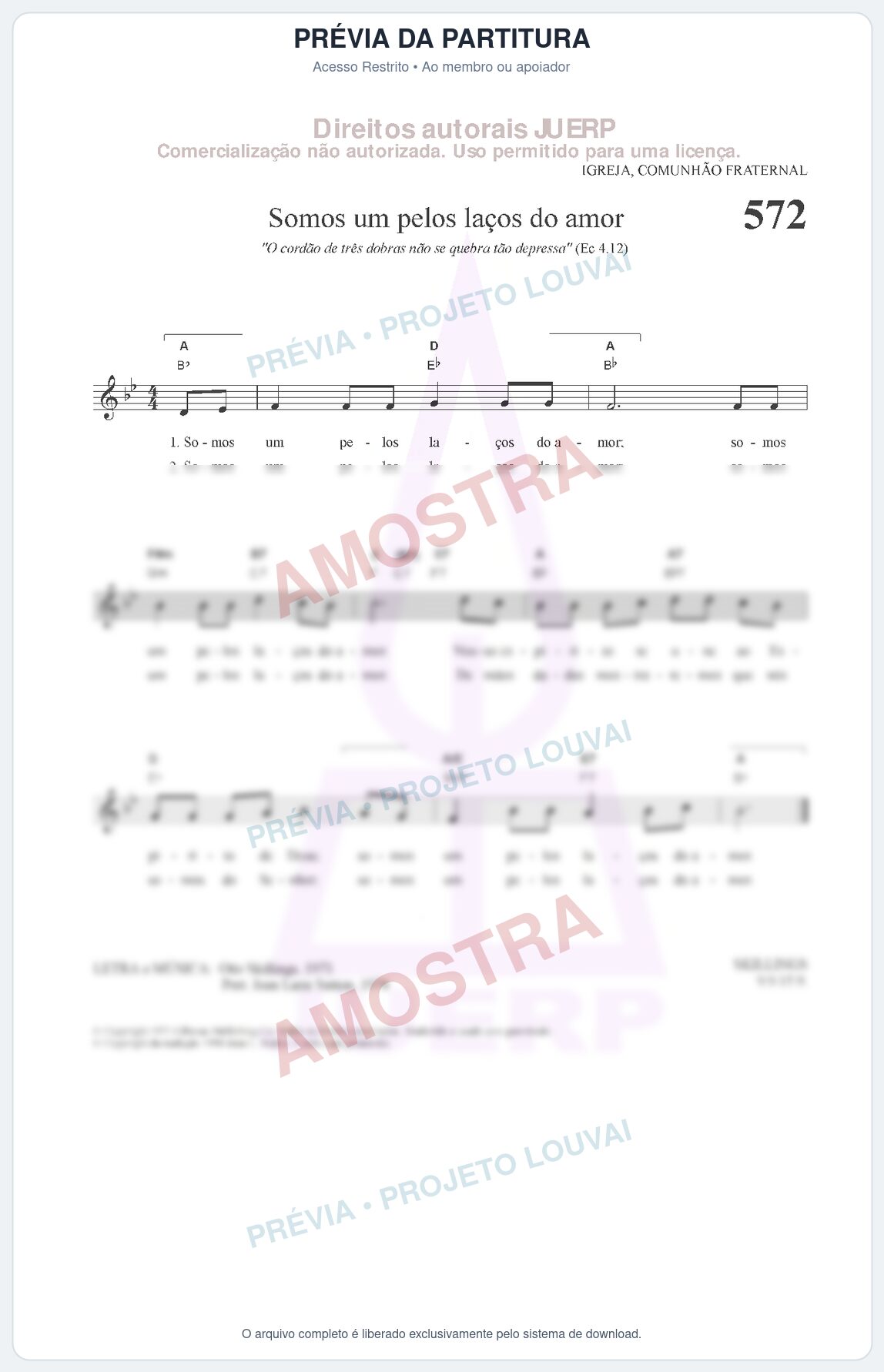 Prévia protegida da primeira página da partitura Partitura da música Somos um pelos laços do amor (HCC 572) - Hinário para o Culto Cristão - Tom Bb