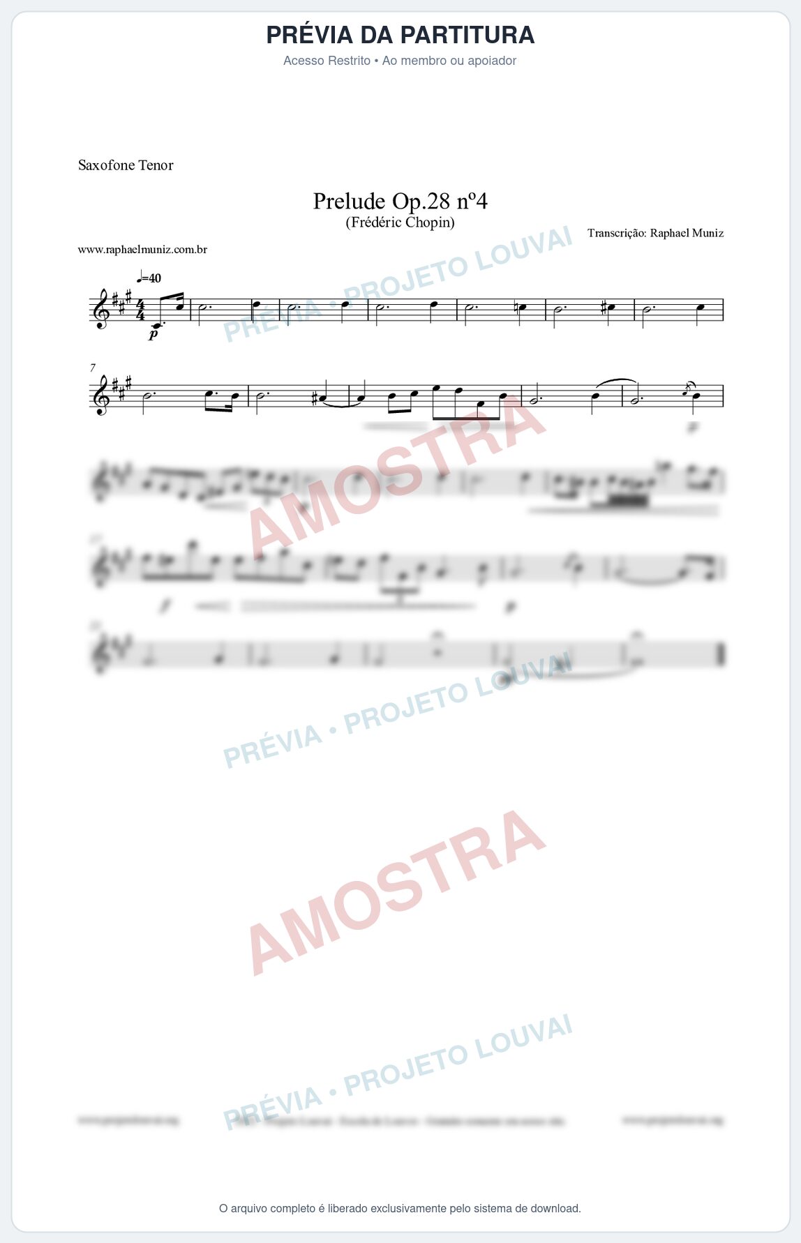 Prévia protegida da primeira página da partitura Partitura para Saxofone Tenor - Prelude Op.28 No.4 - Frédéric Chopin