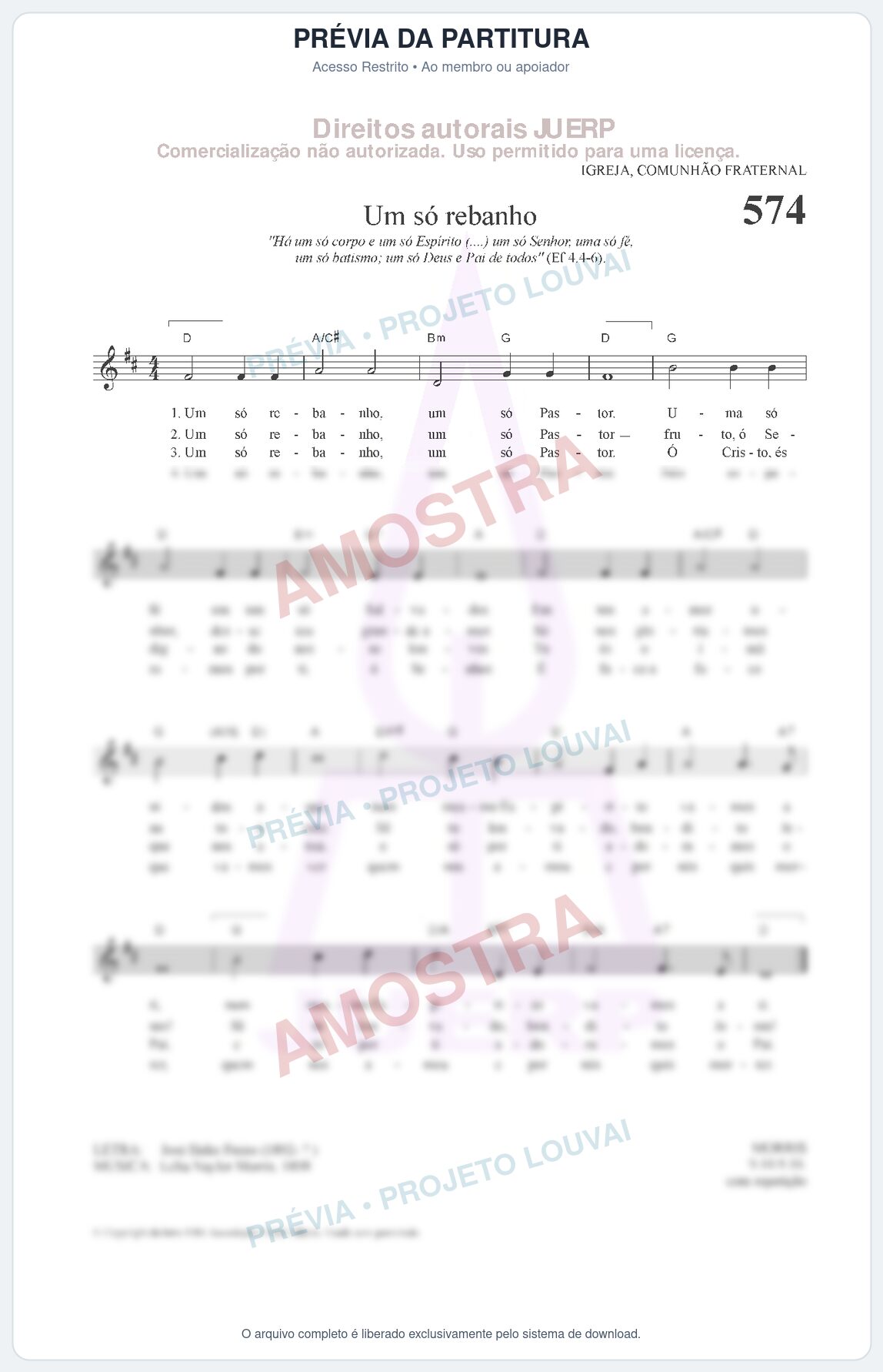 Prévia protegida da primeira página da partitura Partitura da música Um só rebanho (HCC 574) - Hinário para o Culto Cristão - Tom D