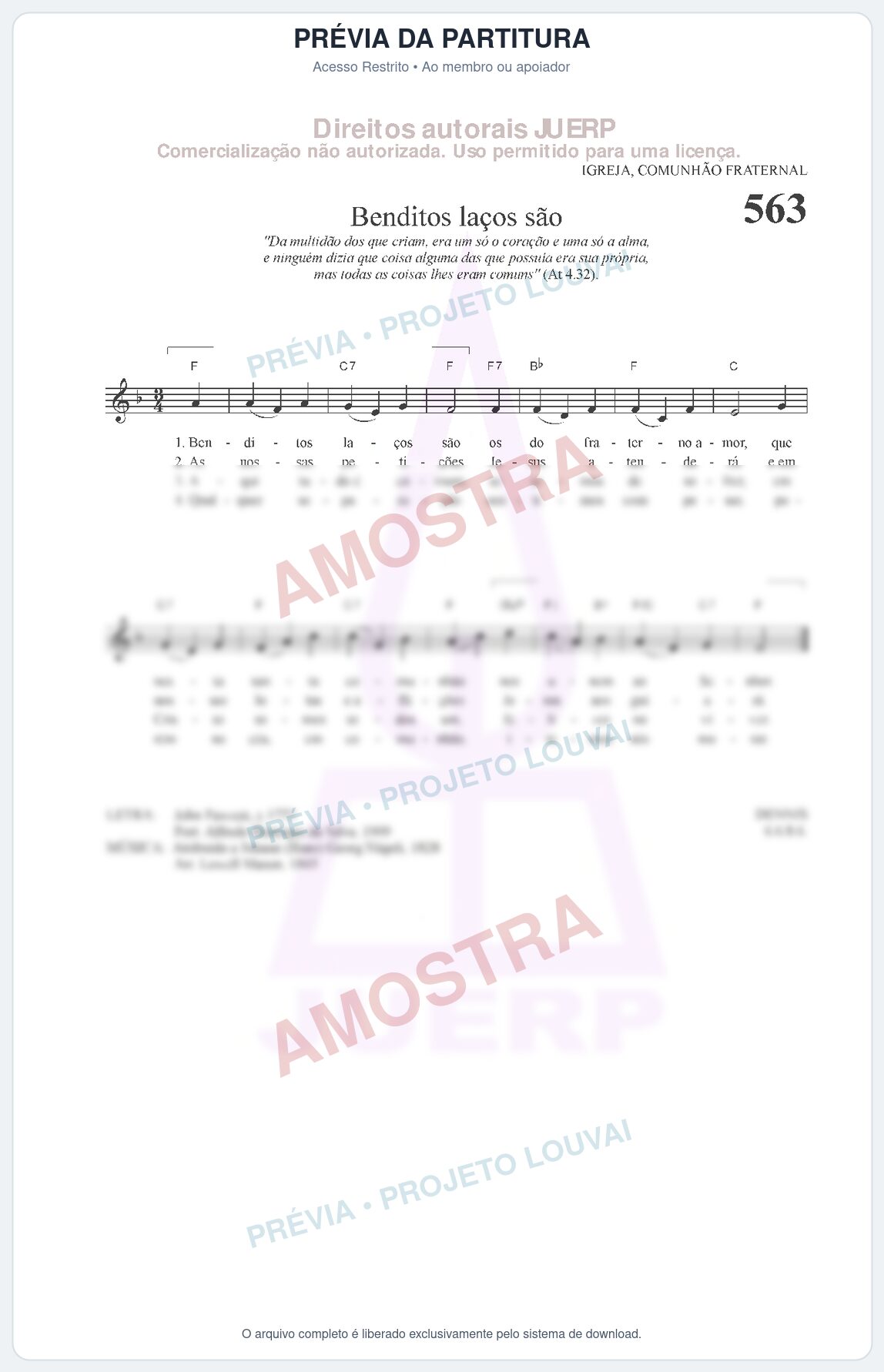 Prévia protegida da primeira página da partitura Partitura da música Benditos laços são (HCC 563) - Hinário para o Culto Cristão - Tom F