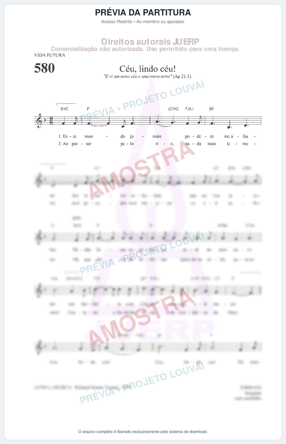 Prévia protegida da primeira página da partitura Partitura da música Céu, lindo céu! (HCC 580) - Hinário para o Culto Cristão - Tom F