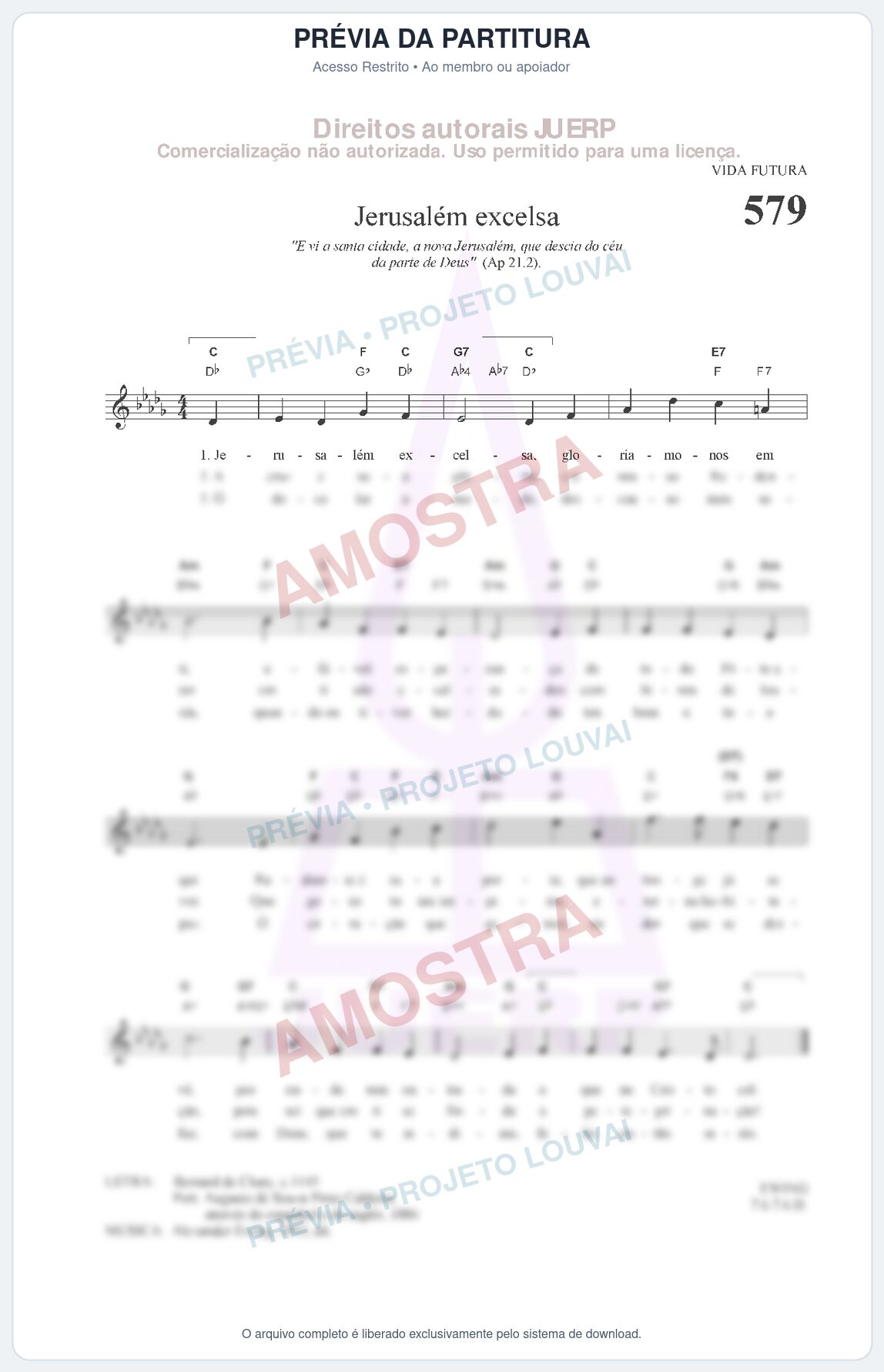 Prévia protegida da primeira página da partitura Partitura da música Jerusalém excelsa (HCC 579) - Hinário para o Culto Cristão - Tom Db