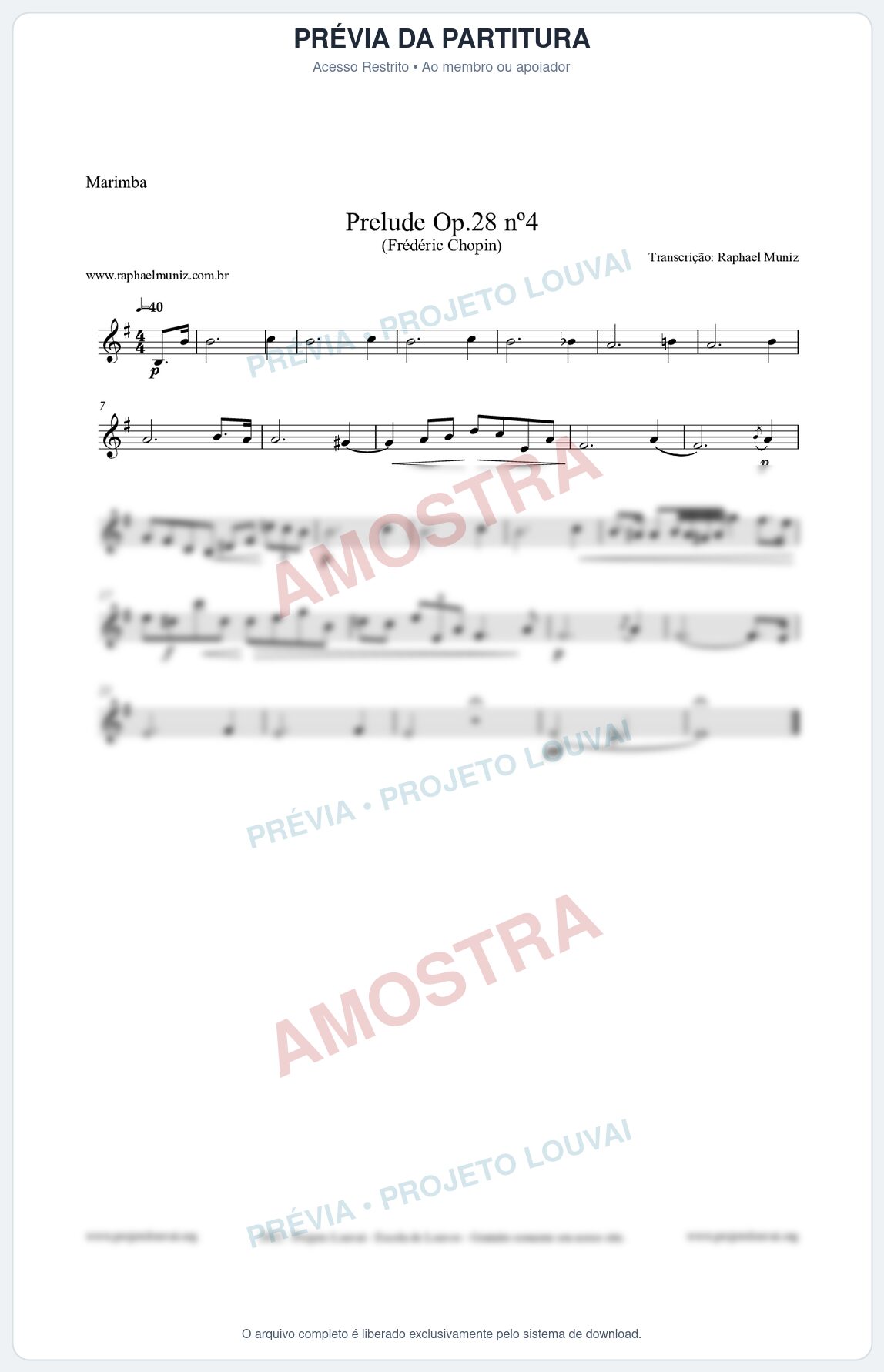Prévia protegida da primeira página da partitura Partitura para Marimba - Prelude Op.28 No.4 - Frédéric Chopin