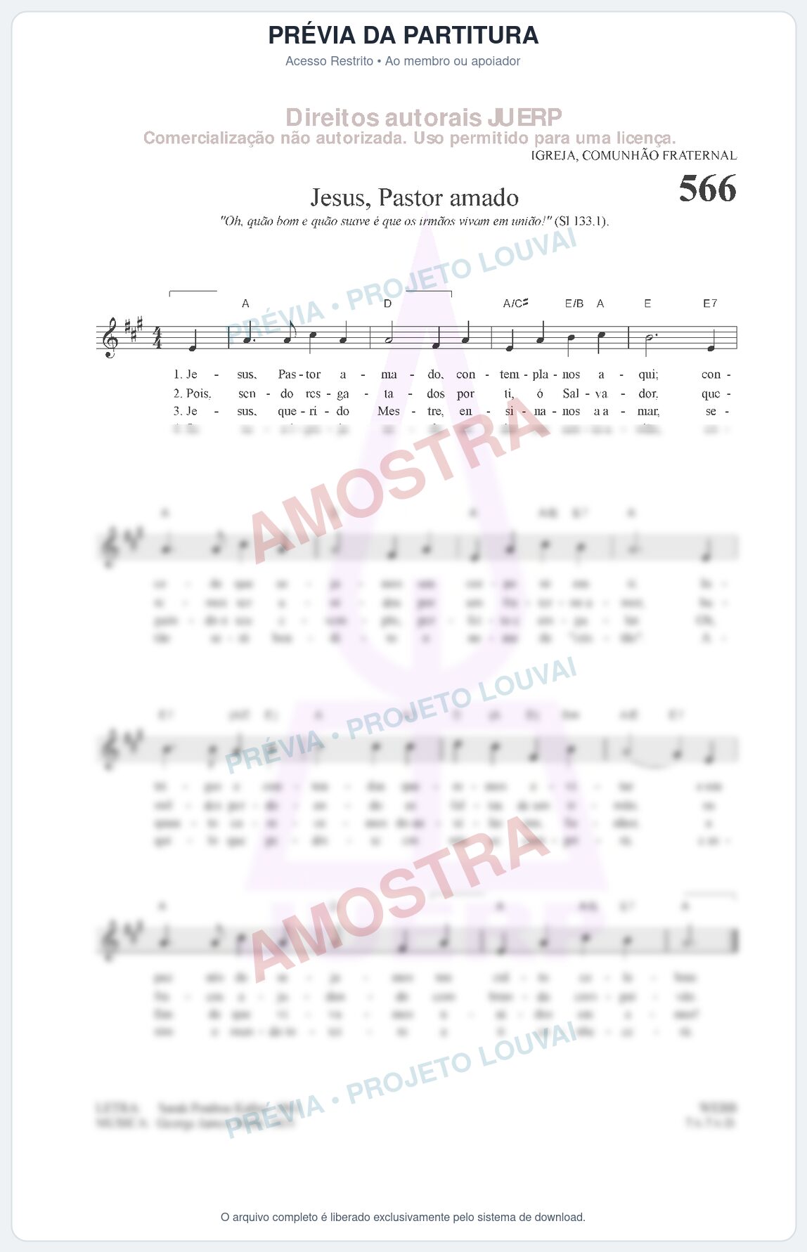 Prévia protegida da primeira página da partitura Partitura da música Jesus, Pastor amado (HCC 566) - Hinário para o Culto Cristão - Tom A