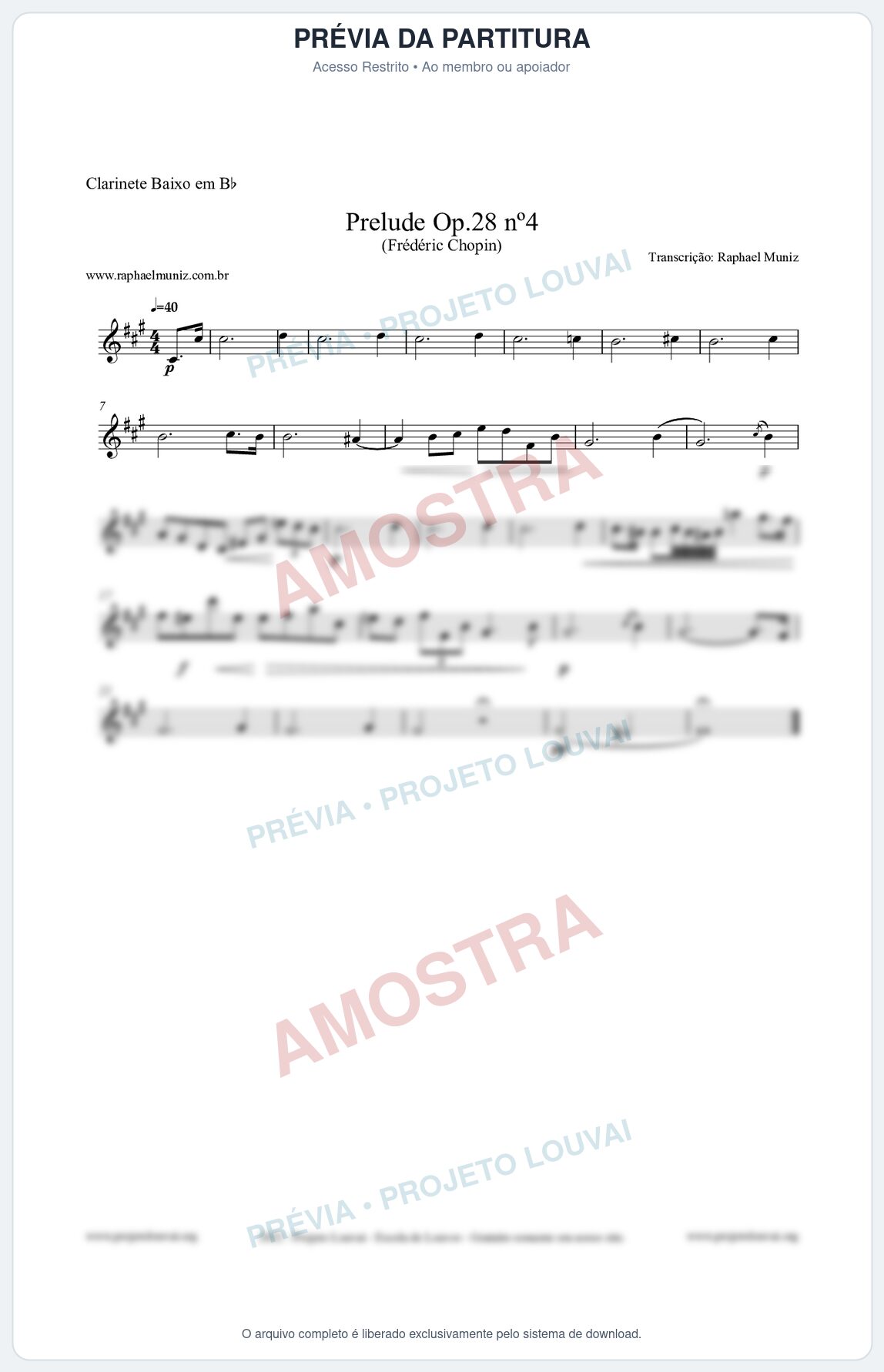 Prévia protegida da primeira página da partitura Partitura para Clarinete Baixo em Bb - Prelude Op.28 No.4 - Frédéric Chopin