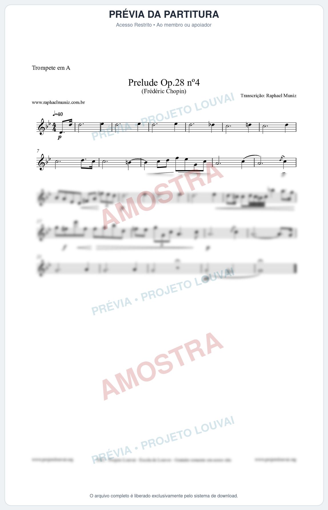 Prévia protegida da primeira página da partitura Partitura para Trompete em A - Prelude Op.28 No.4 - Frédéric Chopin