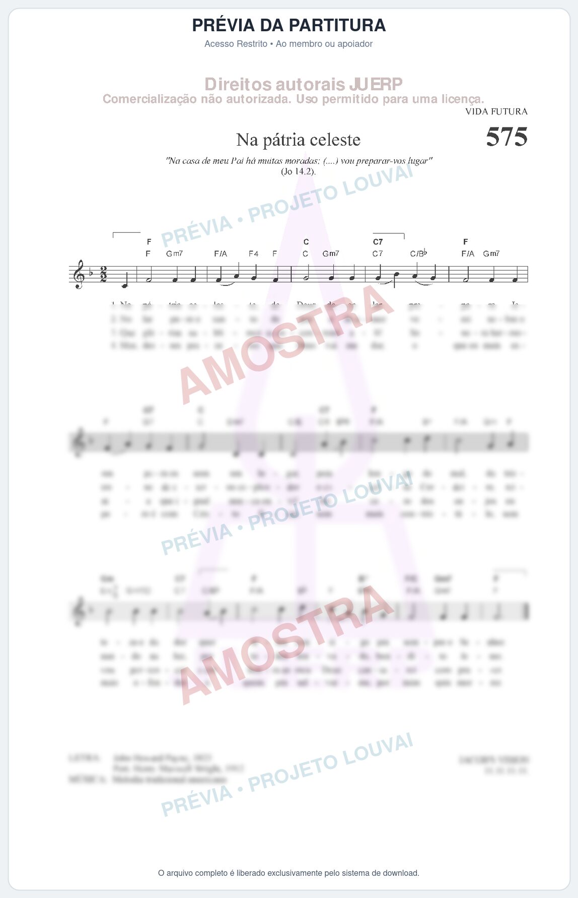 Prévia protegida da primeira página da partitura Partitura da música Na pátria celeste (HCC 575) - Hinário para o Culto Cristão - Tom F