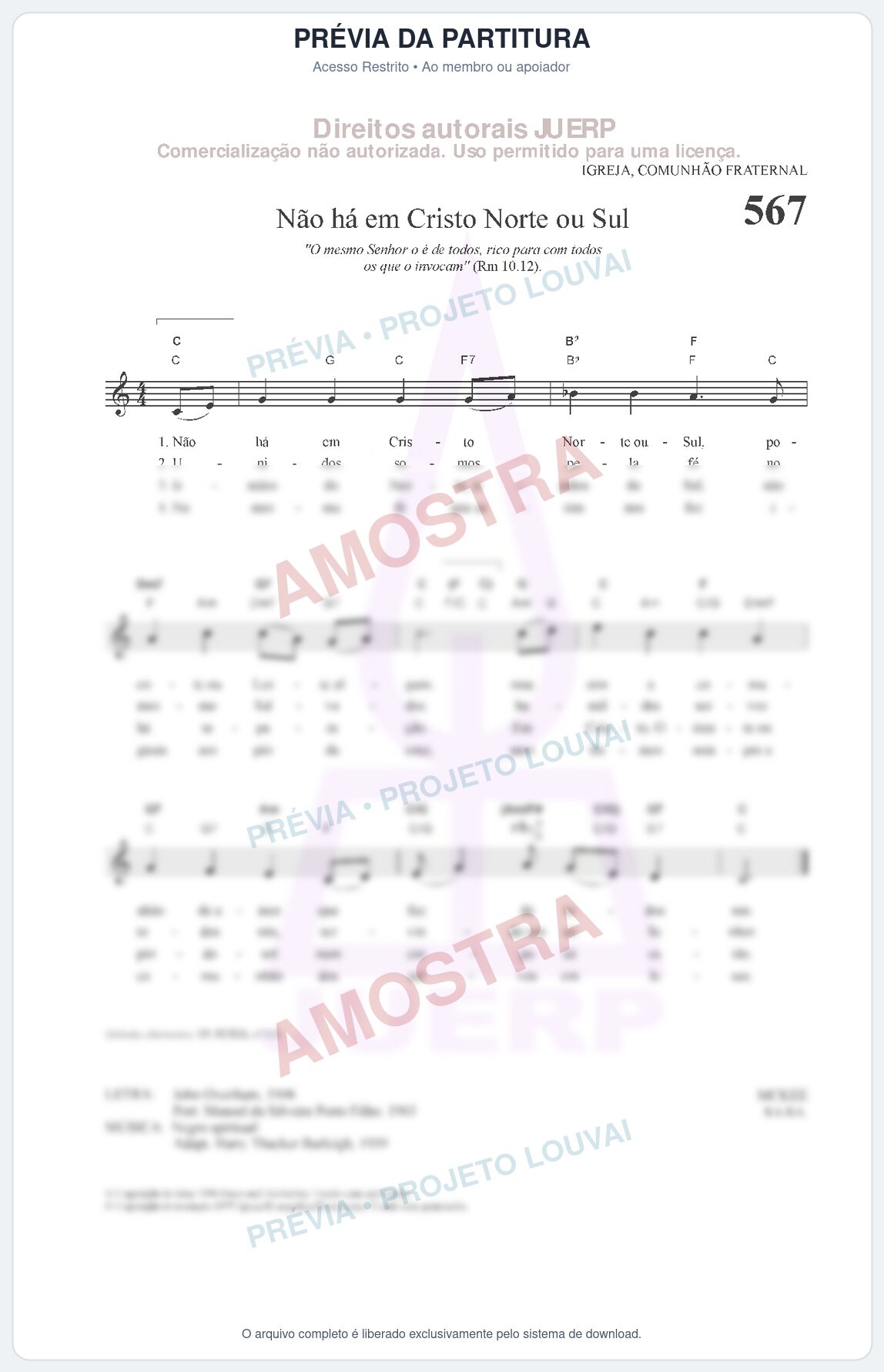 Prévia protegida da primeira página da partitura Partitura da música Não há em Cristo Norte ou Sul (HCC 567) - Hinário para o Culto Cristão - Tom C