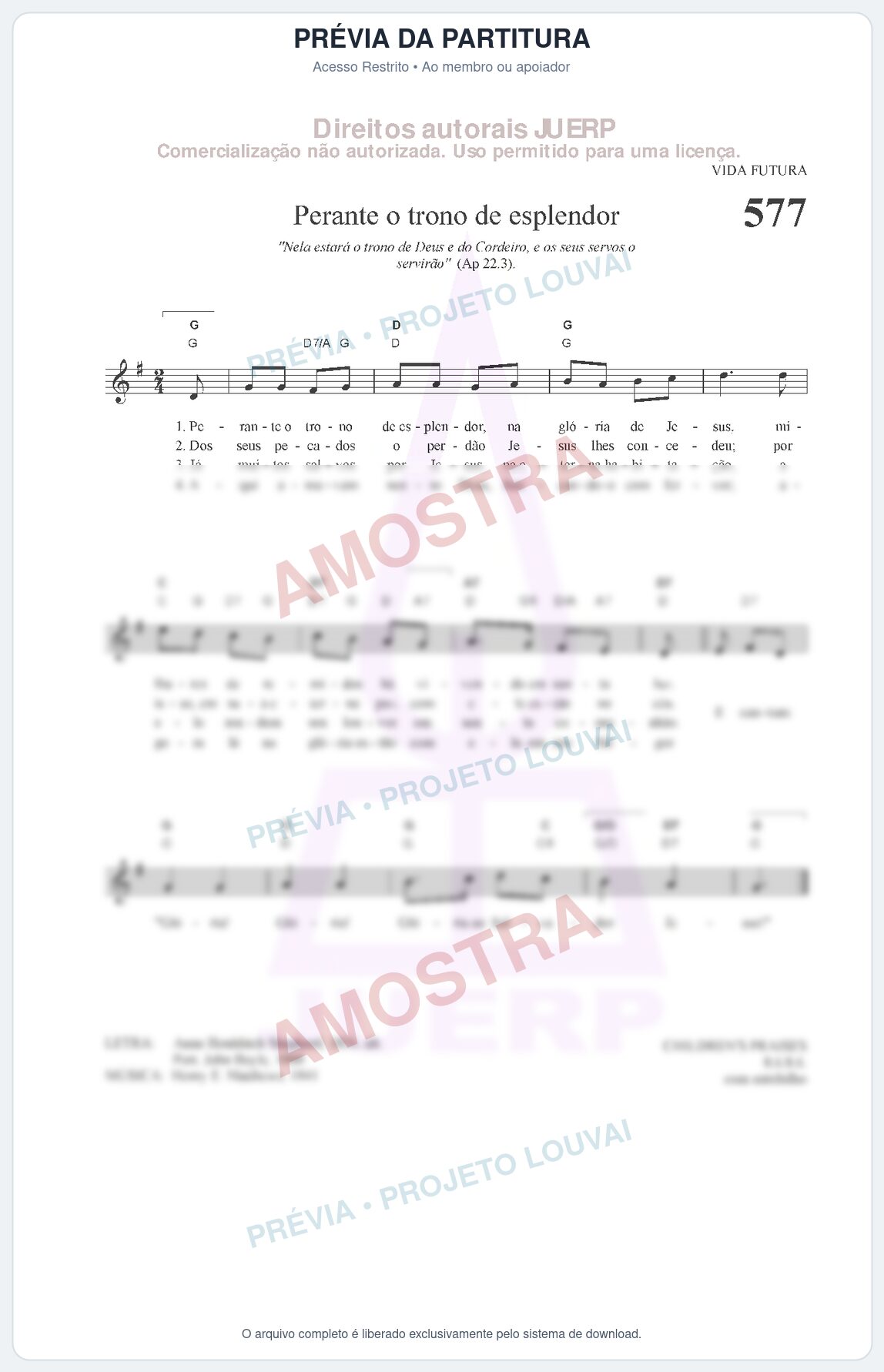 Prévia protegida da primeira página da partitura Partitura da música Perante o trono de esplendor (HCC 577) - Hinário para o Culto Cristão - Tom G