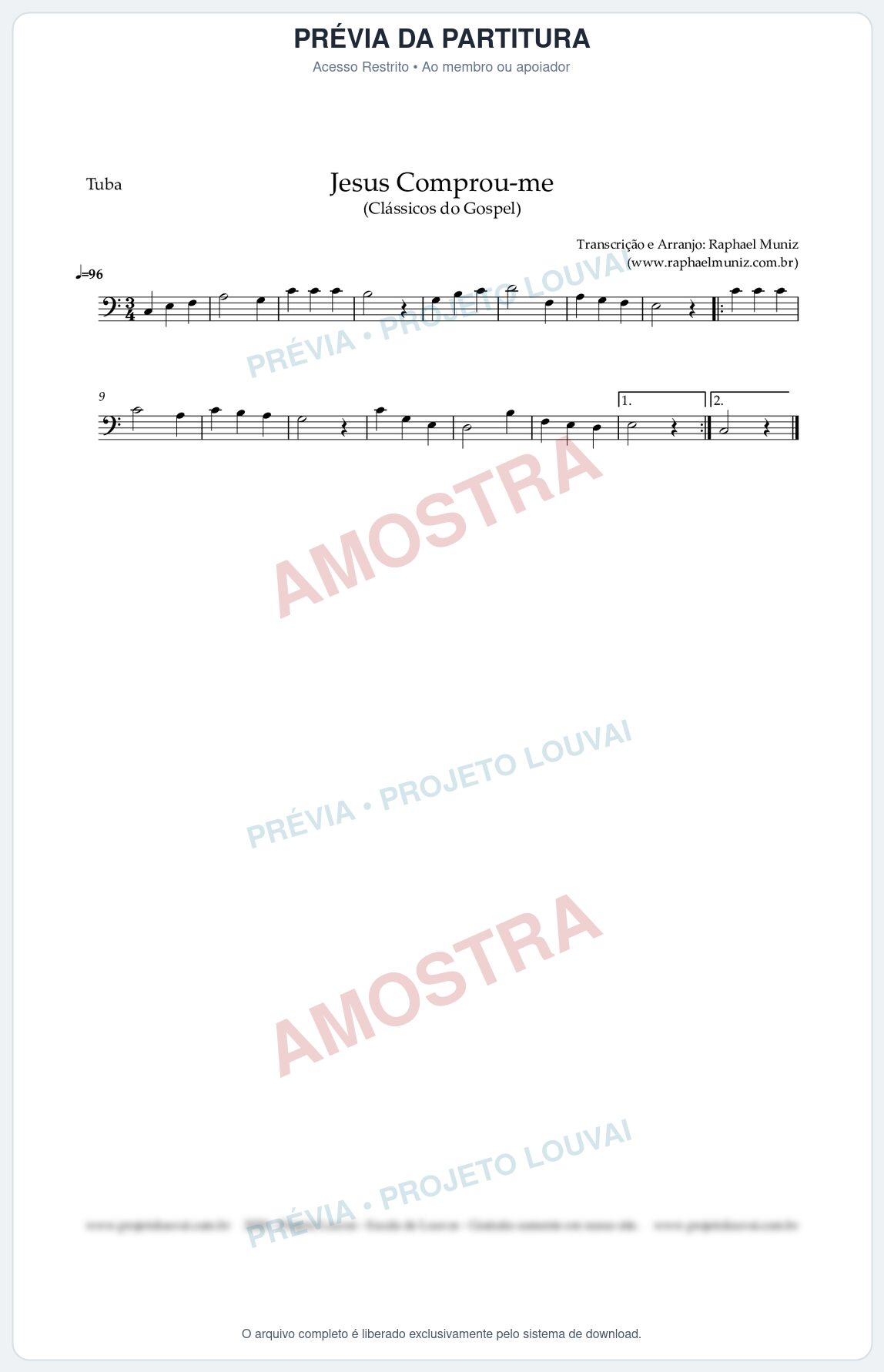 Prévia protegida da primeira página da partitura Partitura para Tuba em Dó - Jesus Comprou-me - Harpa Cristã nº13 - Clássicos do Gospel