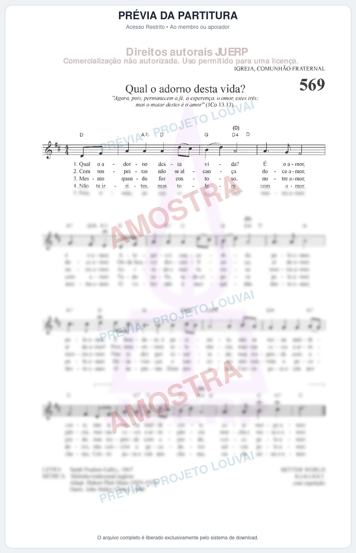 Prévia protegida da primeira página da partitura Partitura da música Qual o adorno desta vida (HCC 569) - Hinário para o Culto Cristão - Tom D