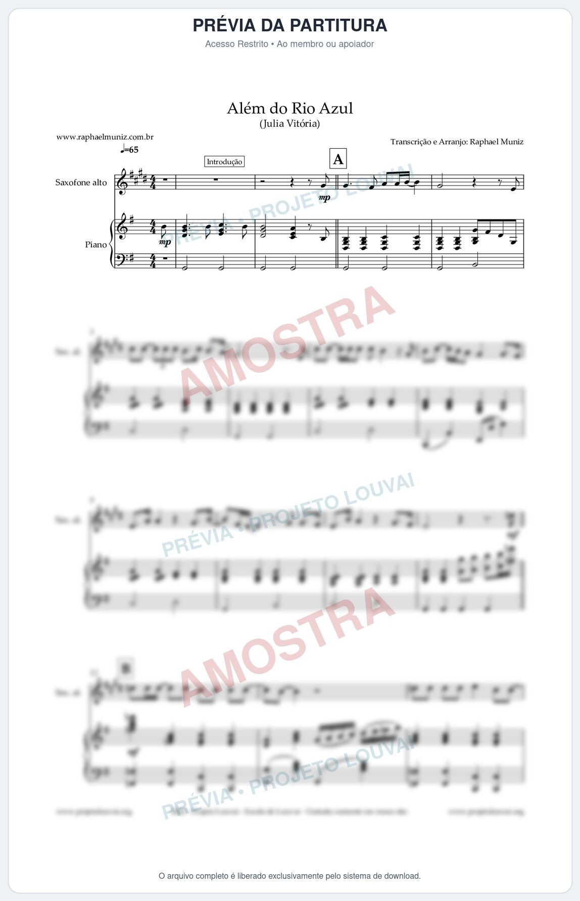 Prévia protegida da primeira página da partitura Partitura para Piano e Sax Alto - Além do Rio Azul - Julia Vitoria
