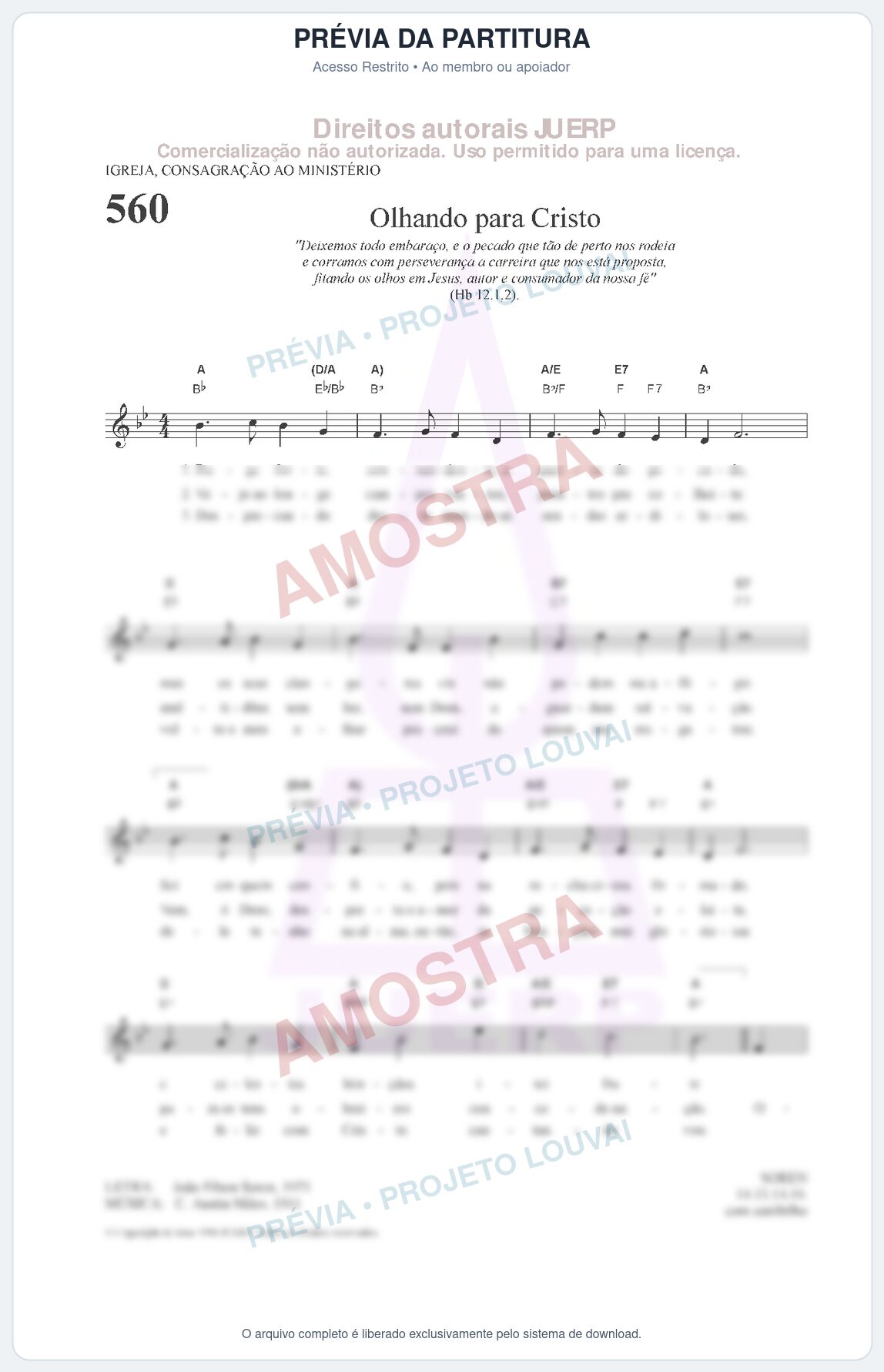 Prévia protegida da primeira página da partitura Partitura da música Olhando para Cristo (HCC 560) - Hinário para o Culto Cristão - Tom Bb