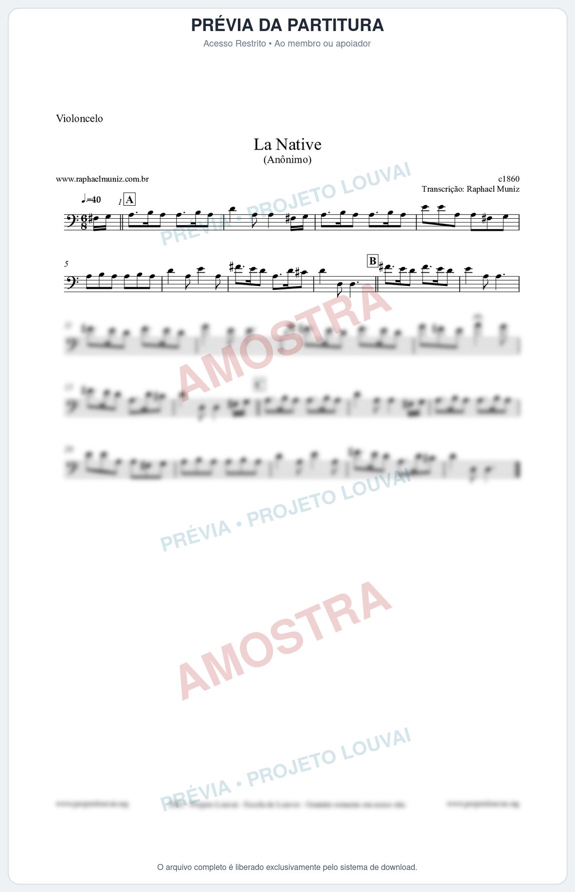 Prévia protegida da primeira página da partitura Partitura para Violoncelo - La Native - Anônimo