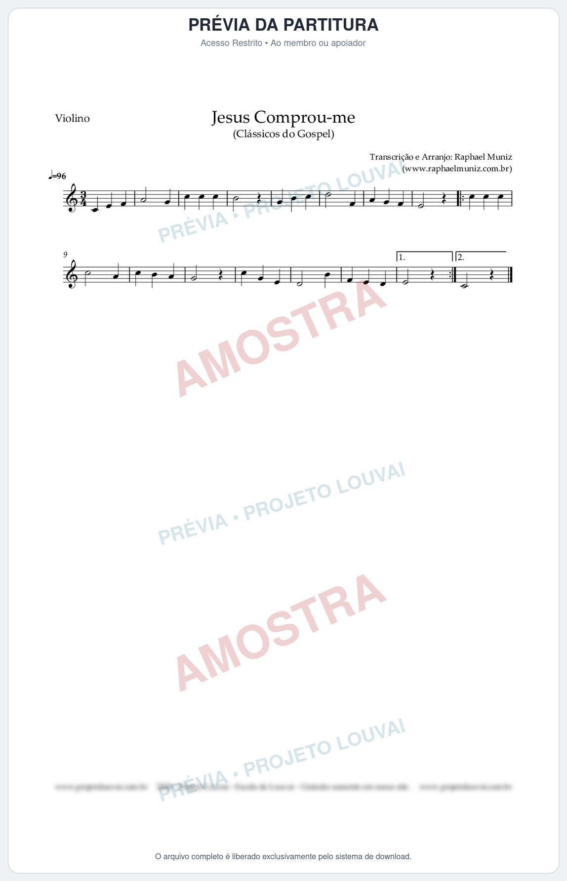 Prévia protegida da primeira página da partitura Partitura para Violino - Jesus Comprou-me - Harpa Cristã nº13 - Clássicos do Gospel