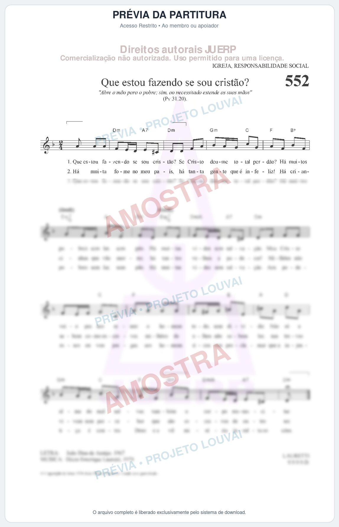 Prévia protegida da primeira página da partitura Partitura da música Que estou fazendo se sou cristão (HCC 552) - Hinário para o Culto Cristão - Tom Dm