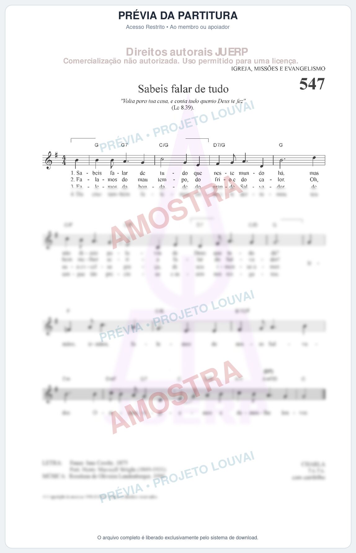 Prévia protegida da primeira página da partitura Partitura da música Sabeis falar de tudo (HCC 547) - Hinário para o Culto Cristão - Tom G