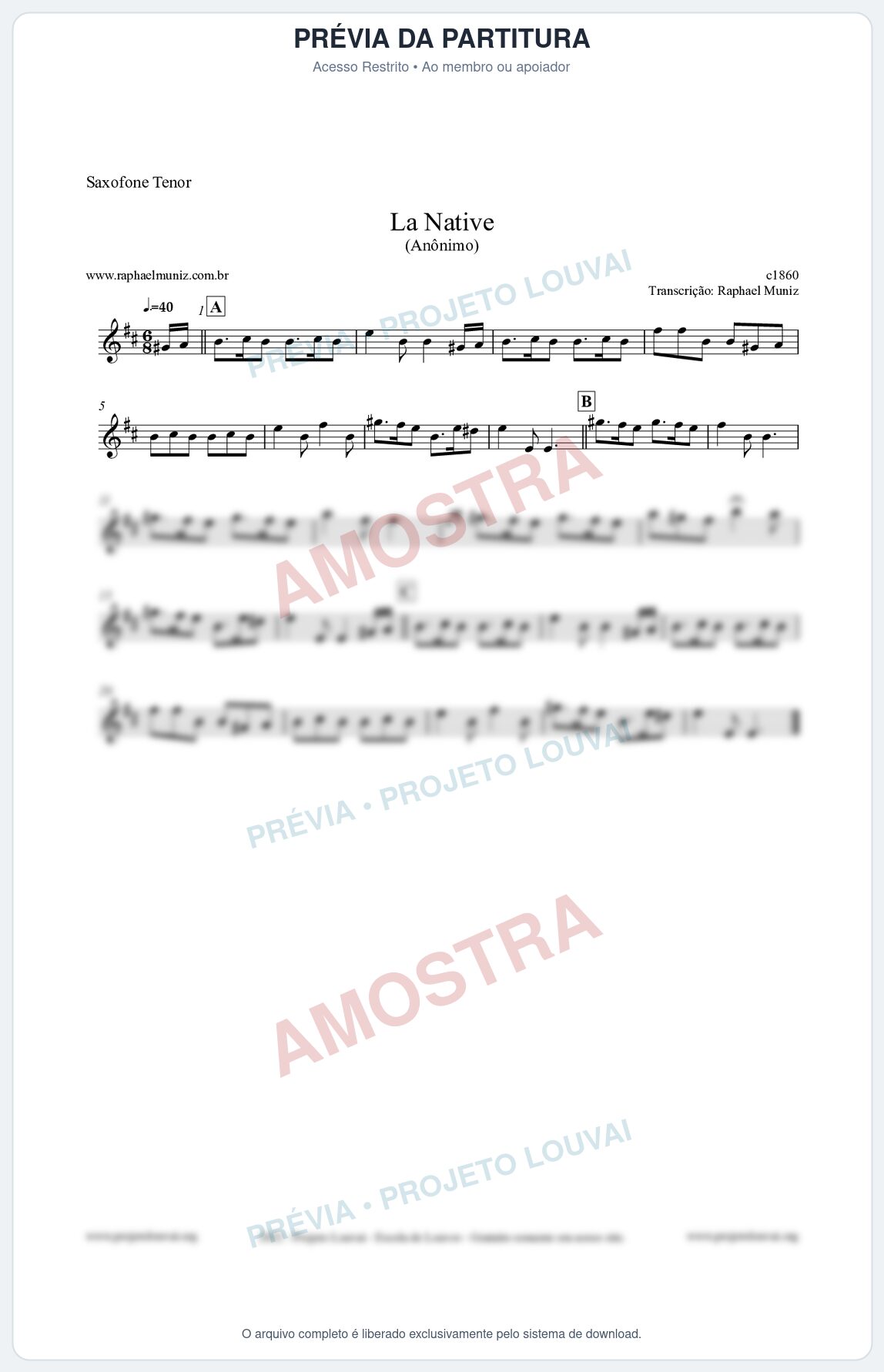 Prévia protegida da primeira página da partitura Partitura para Saxofone Tenor - La Native - Anônimo